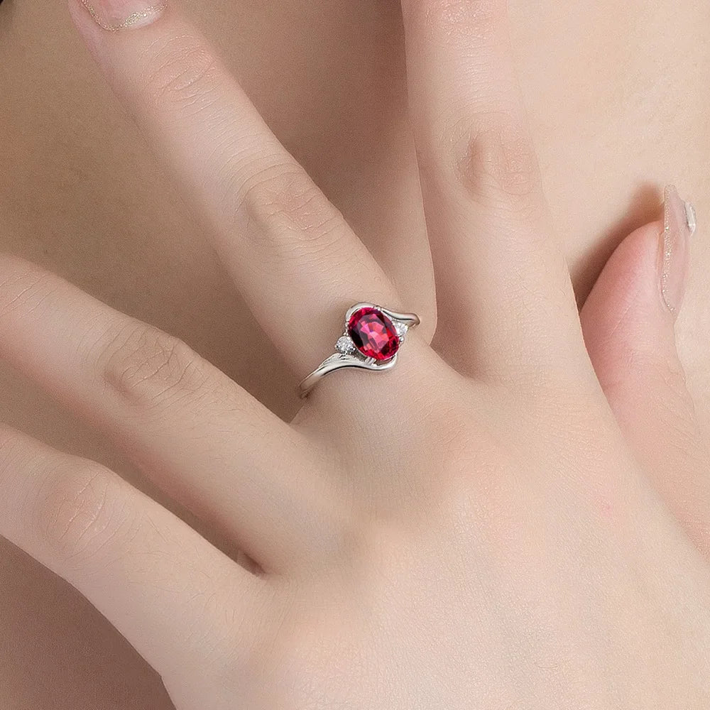 Oval Cut Ruby Moissanite Diamond Shoulder Stone  Sterling Silver Wave Ring