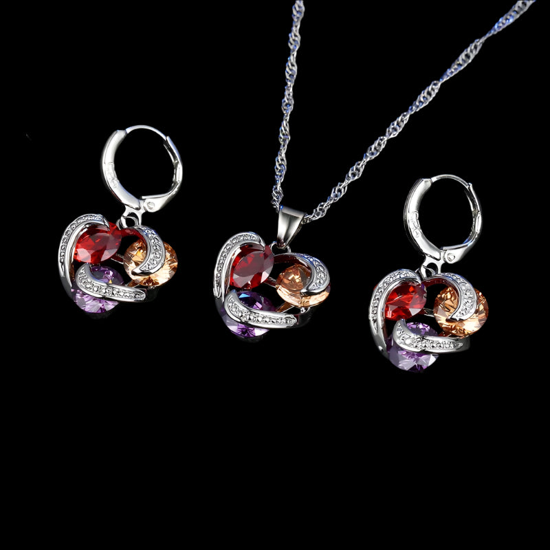 Tri-Stone Roby, Citrine and Amethyst Moissanite and Sterling Silver Encased Heart Set - Necklace and Earrings