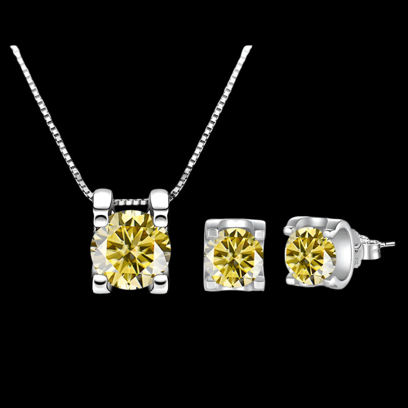 3ct Lemon Yellow Moissanite D VVS1 18K White Gold Rhodium Jewellery Set - Necklace and Earrings 1Ct Per Piece