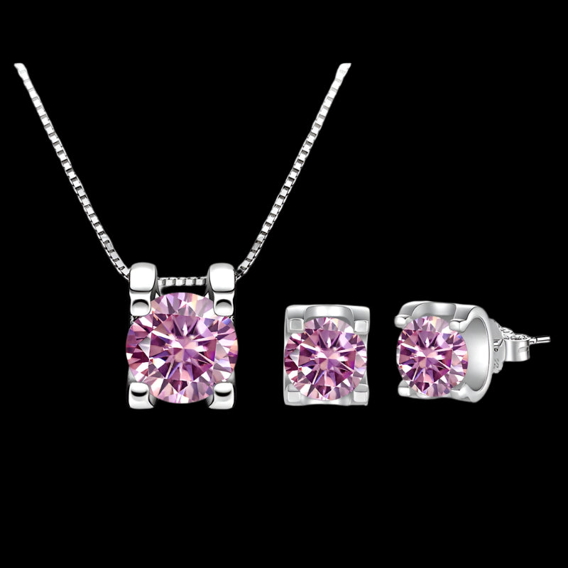 3ct  Pink Moissanite D Colour VVS1 18K White Gold Rhodium 3 Piece Jewellery Set - Necklace and Earrings 1Ct Per Piece