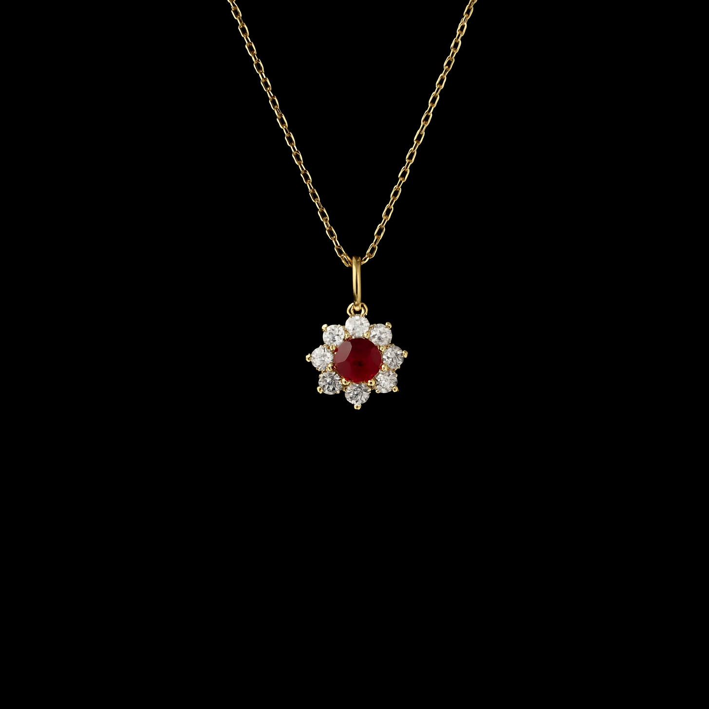 Round Cut Ruby and Moissanite Flower 14K Gold Rhodium Pendant Necklace