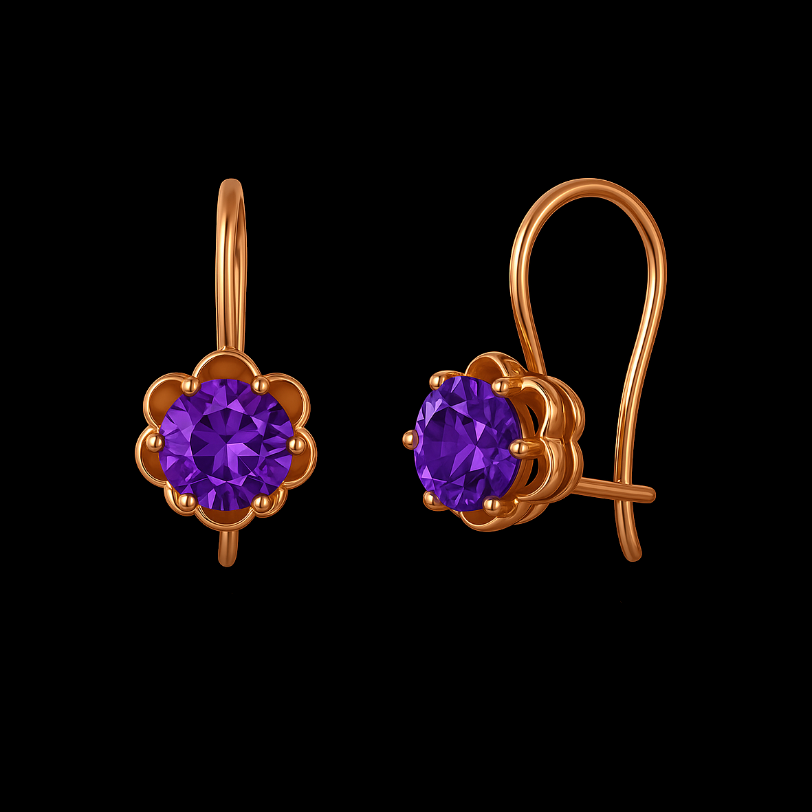 Round Cut Amethyst Rose Gold Flower Earrings