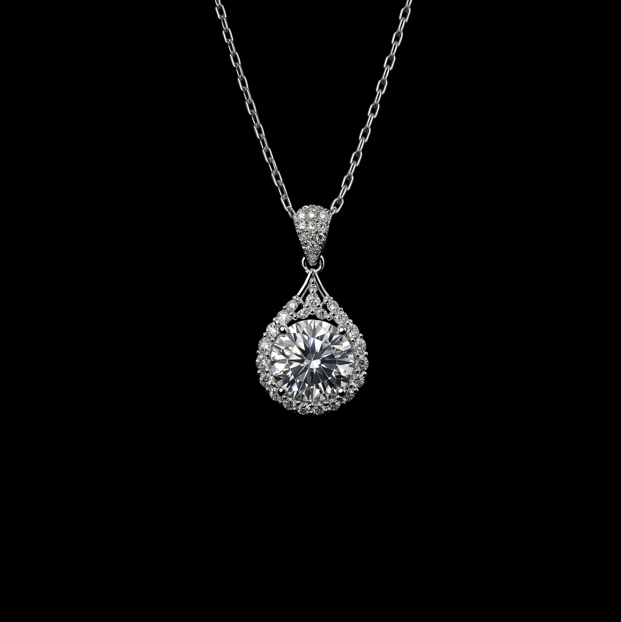 Round Cut Moissanite with Pear Halo Sterling Silver Necklace