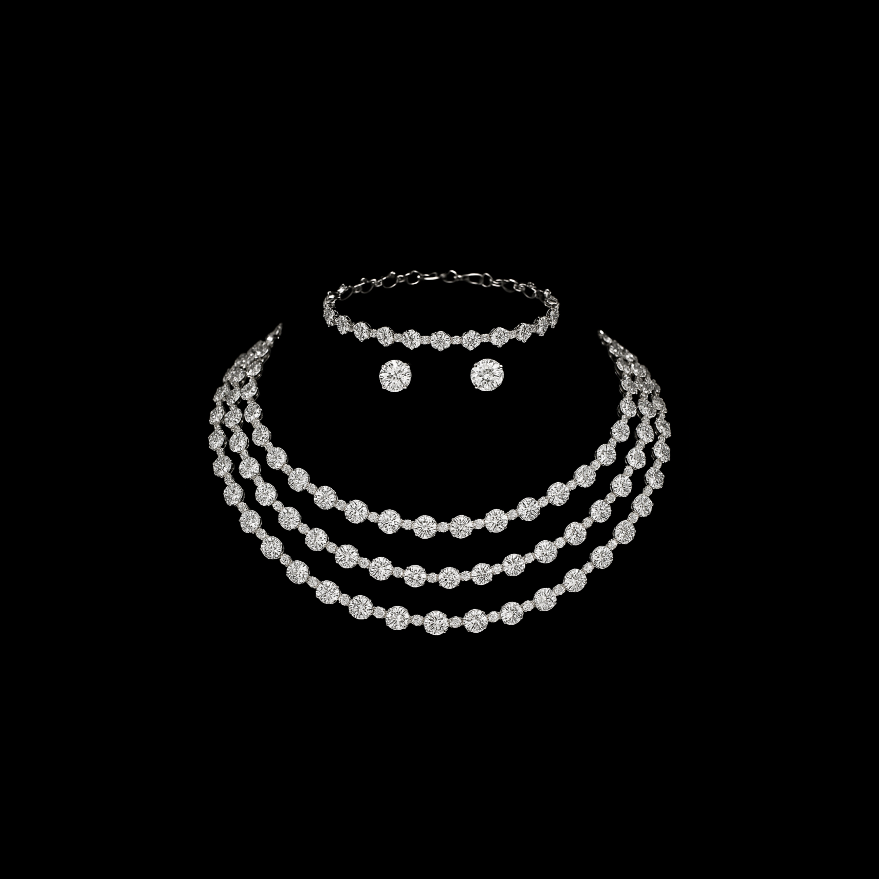 Elegant Crystal Sterling Silver Jewelry Set - Necklace Earring and Bracelet