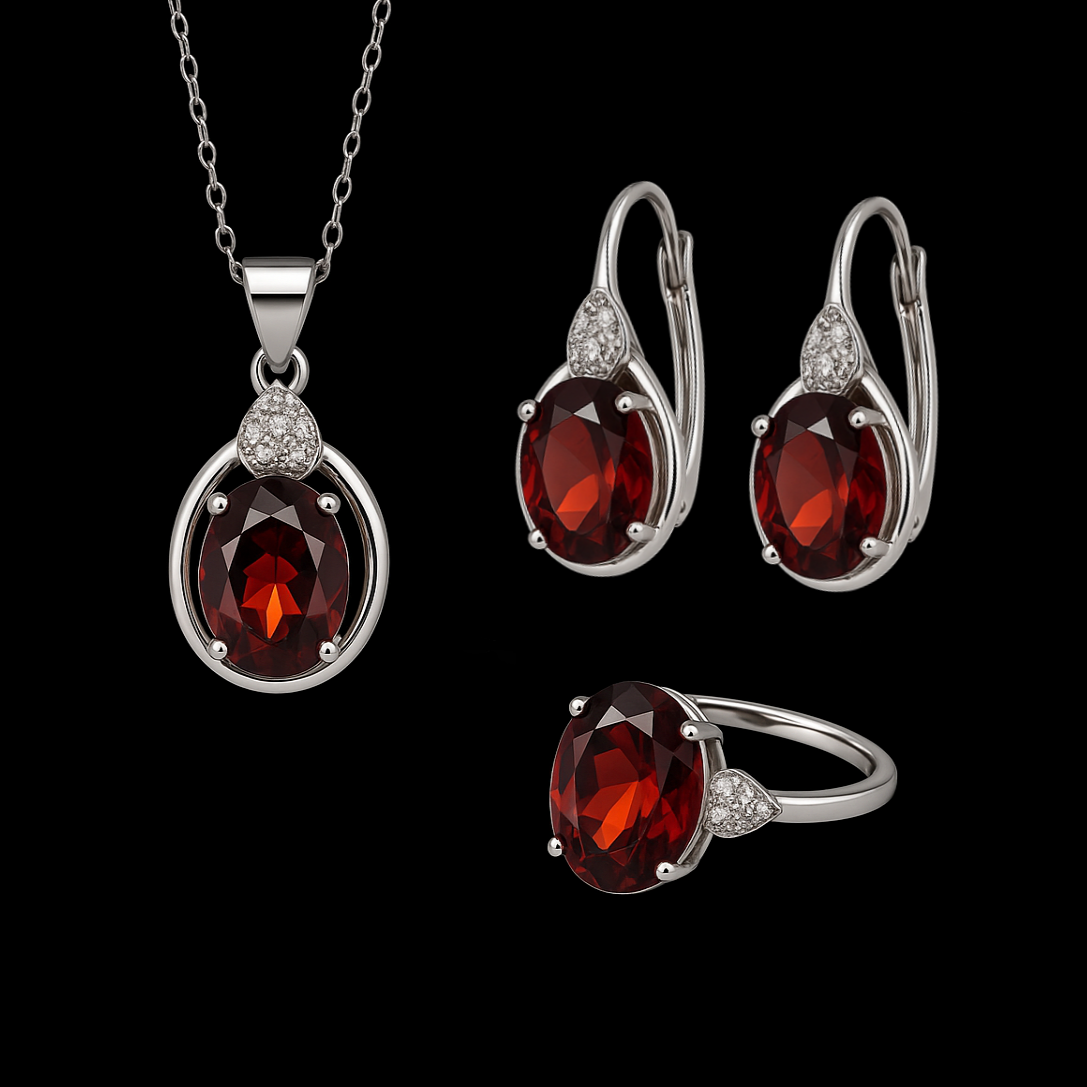 Oval Cut Ruby Sterling Silver Jewellery Set - Necklace Earring and Ring