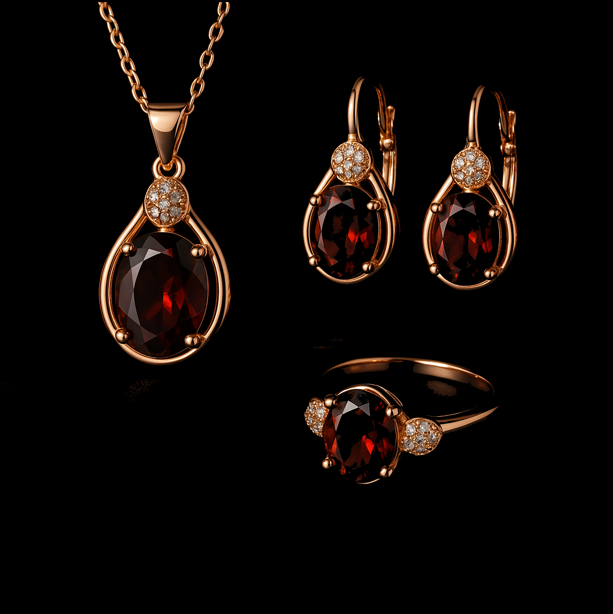 Oval Cut Ruby Rose Gold Rhodium Jewellery Set - Necklace Earring and Ring