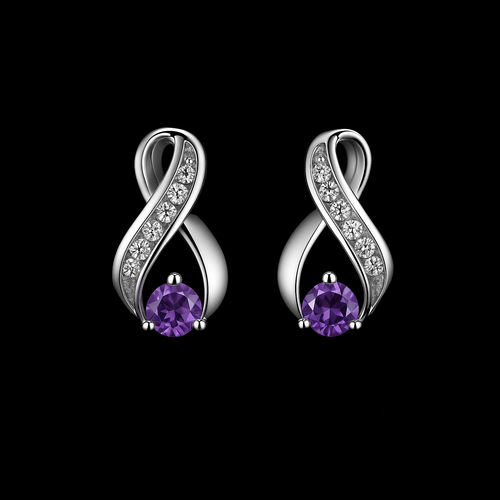 0.2 Ct Round Cut Amethyst Moissanite Diamond Inlay Ribbon Design Sterling Silver Earring