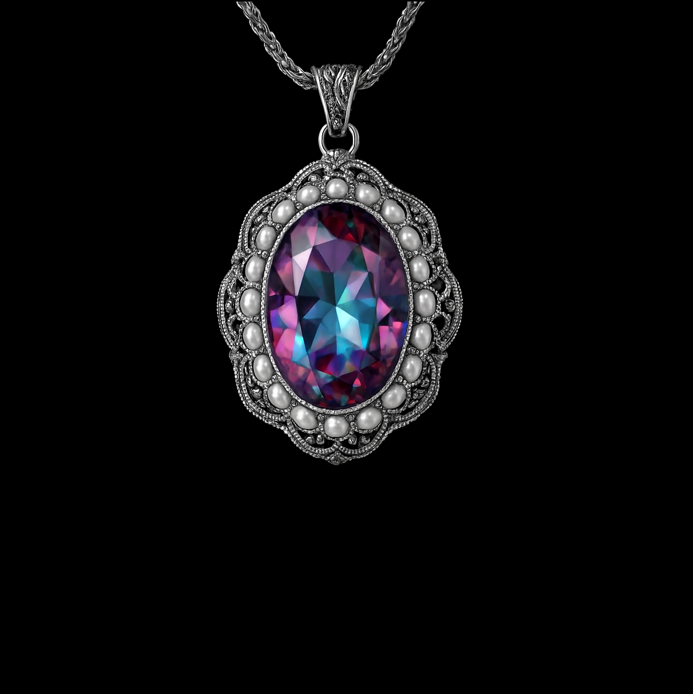 Rainbow Topaz Pearl and Sterling Silver Pendant Necklace