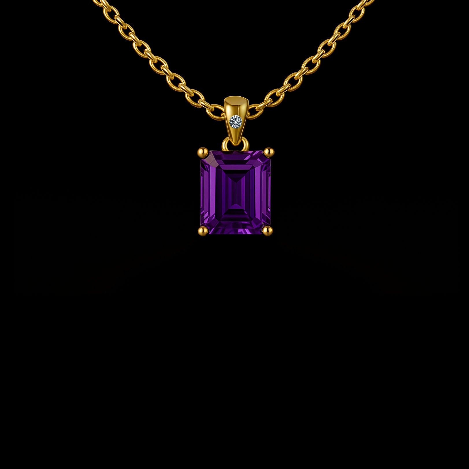 0.5Ct Rectangle Cut Amethyst 14K Gold Rhodium Pendant Necklace