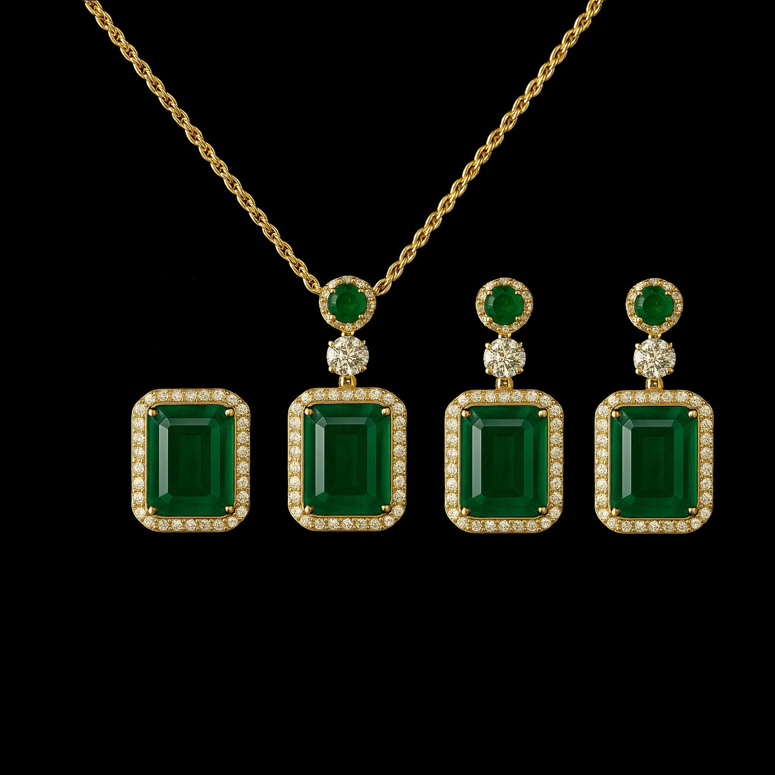 Emerald with Moissanite Halo & Bail Gold  Jewellery Set- Necklace Earrings and Ring