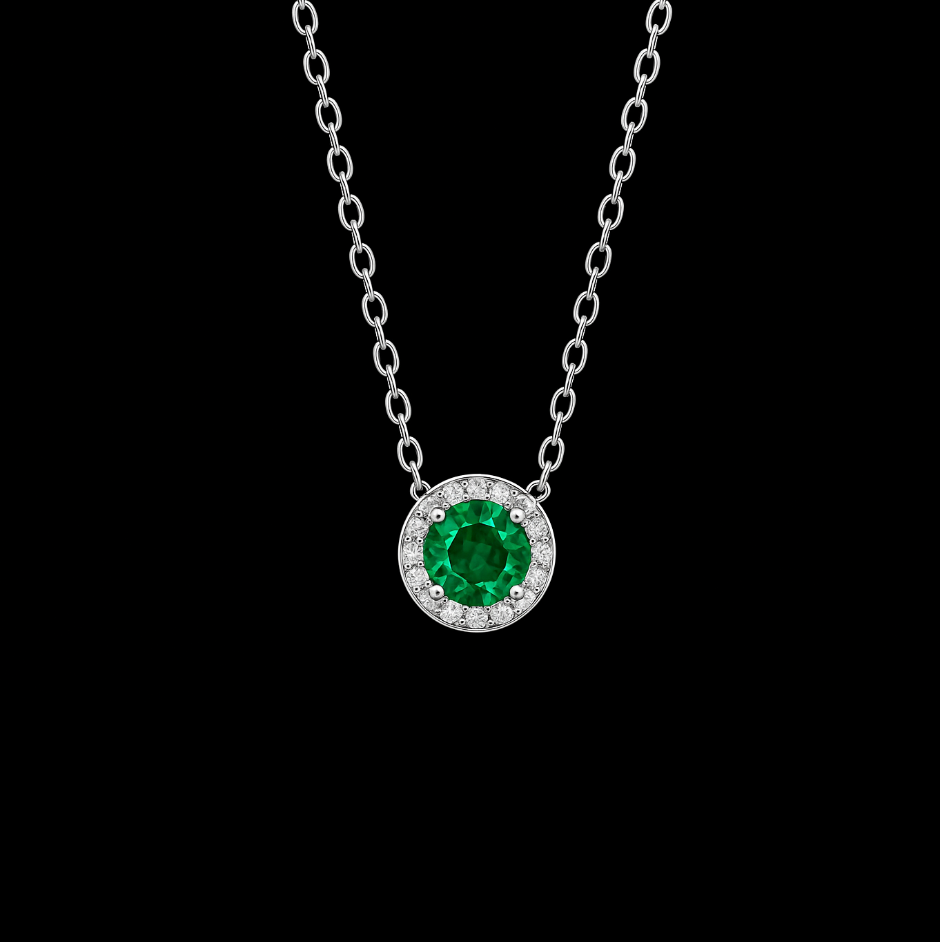 0.5ct Round Cut Emerald Moissanite Halo Pendant Sterling Silver Necklace