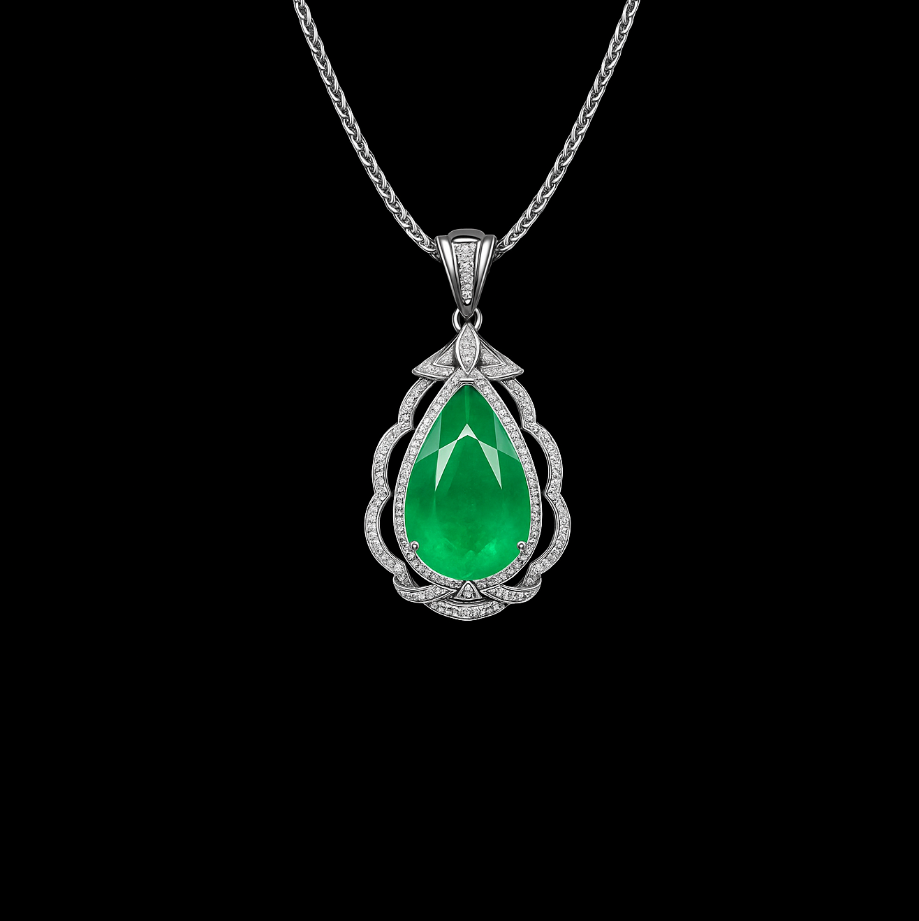 Pear Cut Emerald  Moissanite Adorned Sterling Silver Pendant Necklace