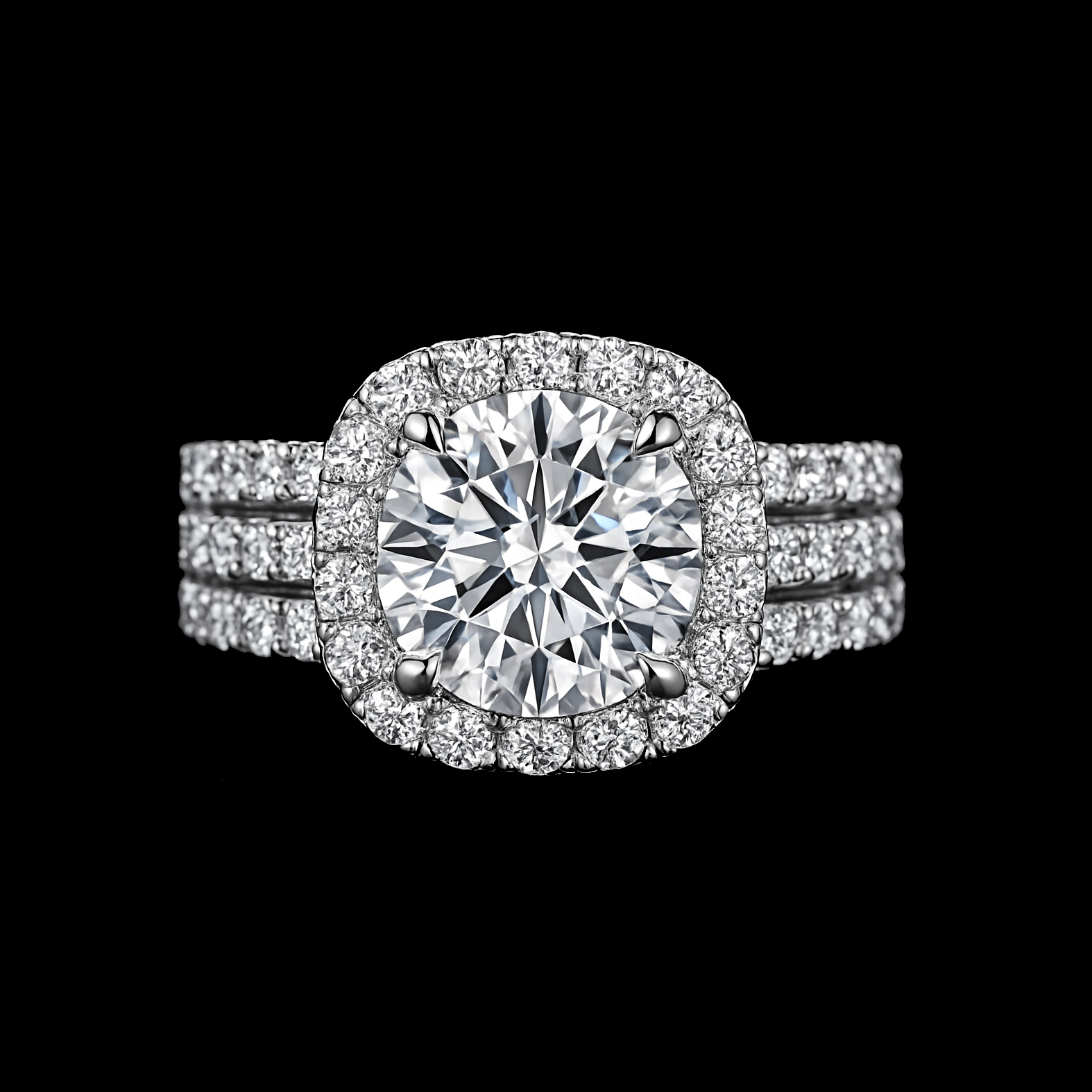 Cushion Cut  Moissanite Diamond with Micro Pave Triple Band Engagement  Ring