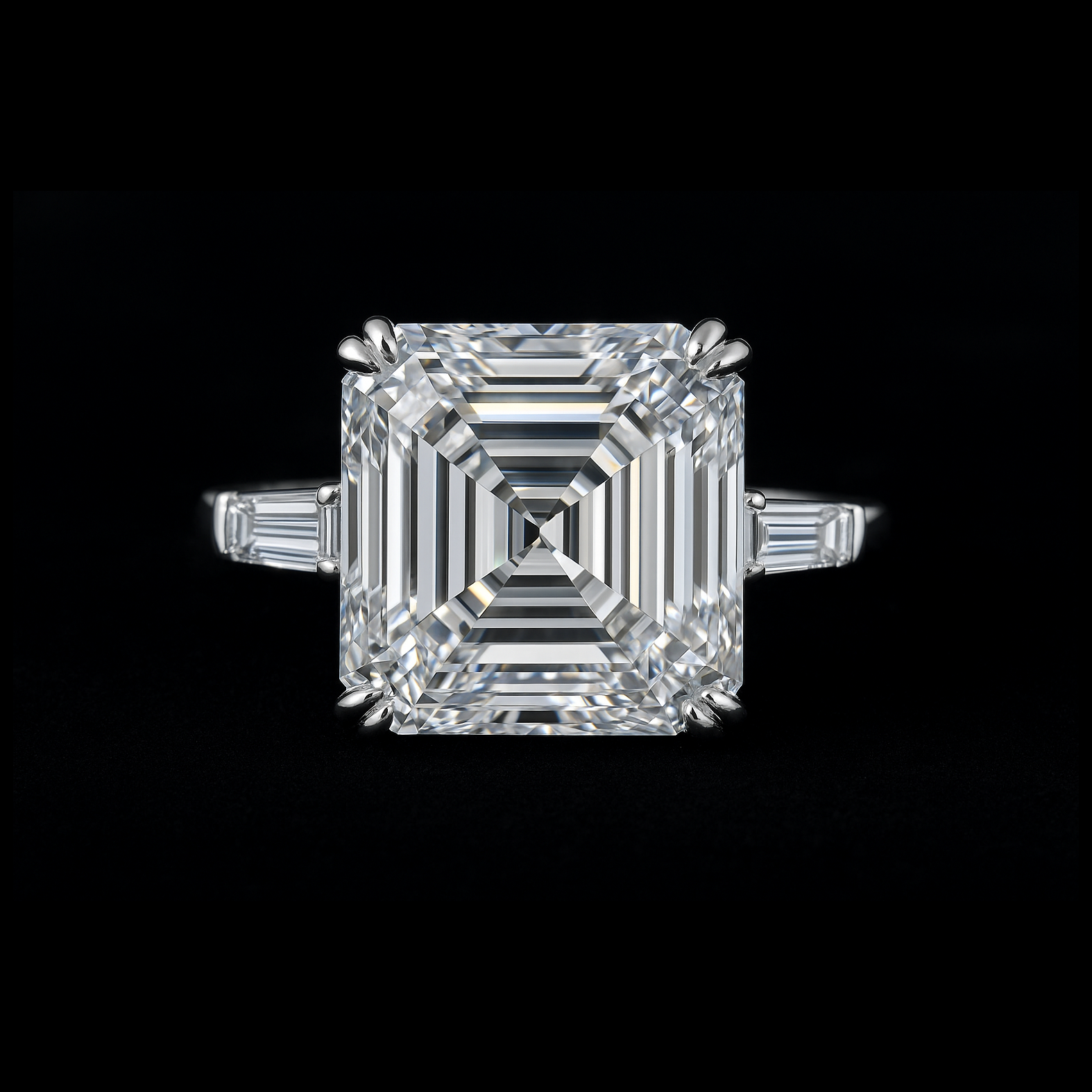 Asscher Cut Moissanite Diamond with Baguette Shoulder Stones Sterling Silver Engagement Ring