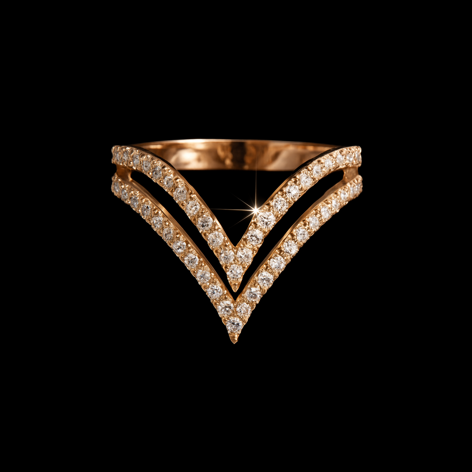 Moissanite Diamond Paved V-Shaped Gold Wedding Ring