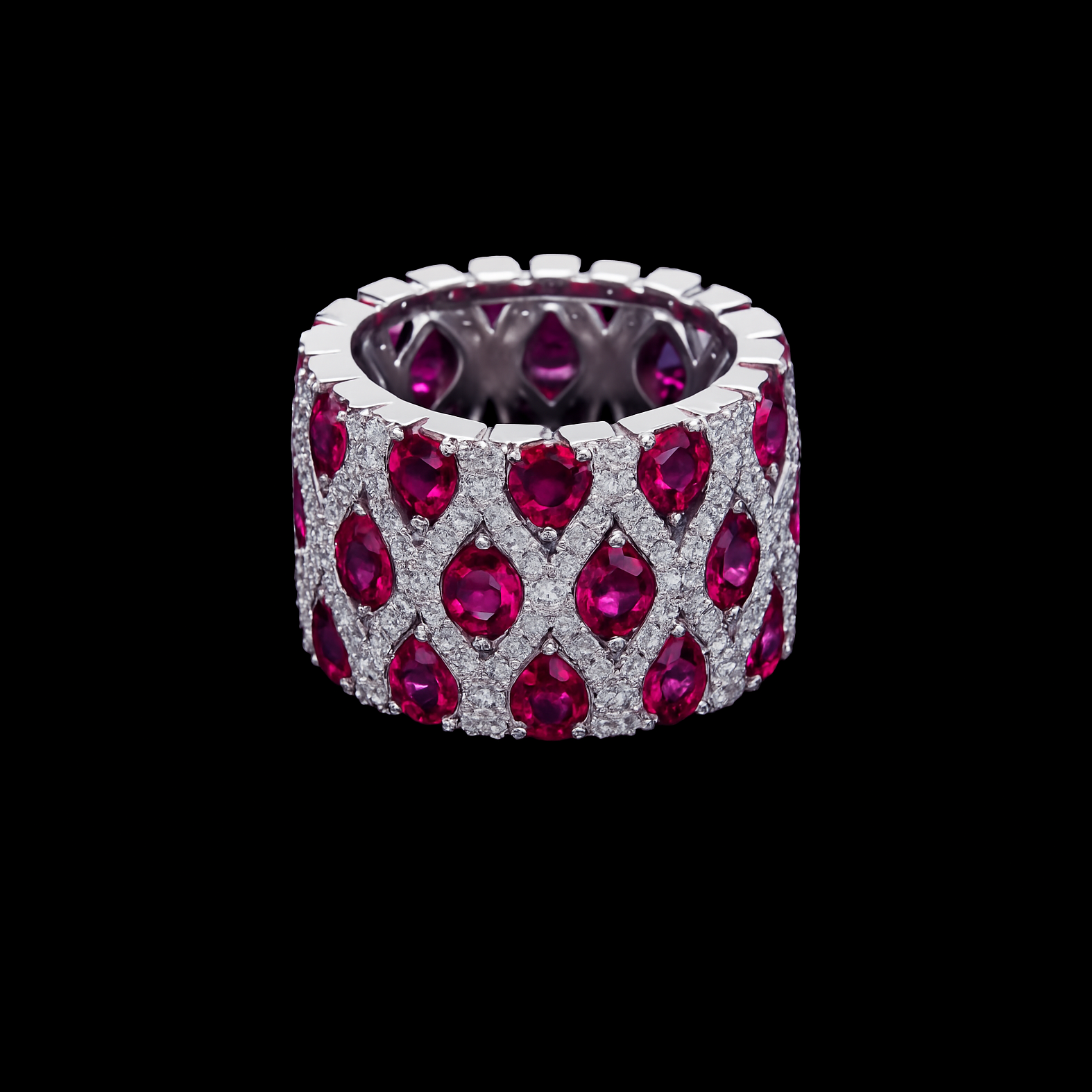 Luxurious 15Ct Round Cut Ruby and Diamond Vintage Woven Pave Sterling Silver Cocktail Ring