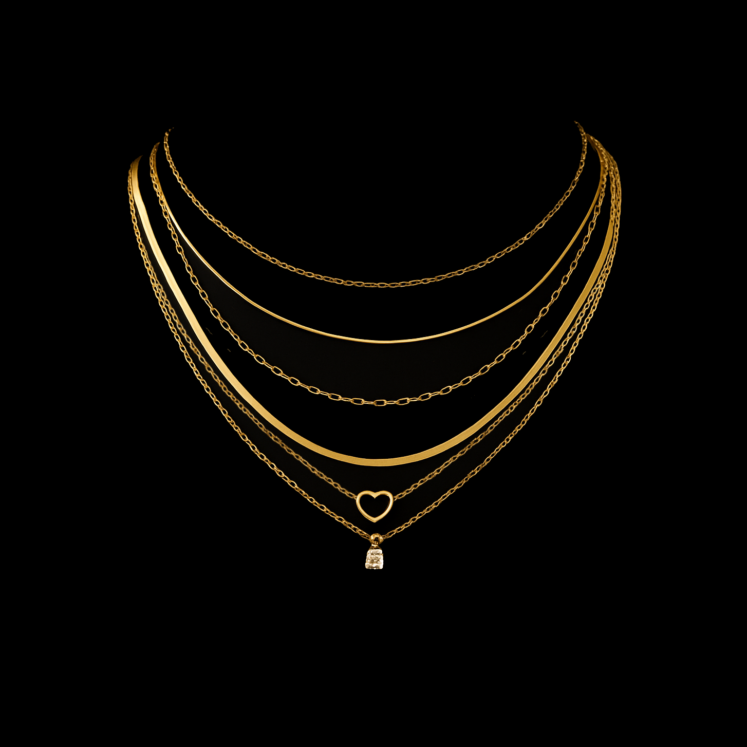 Gold Stacker Necklace Set - 6 Necklaces including Heart and Solitaire Pendant