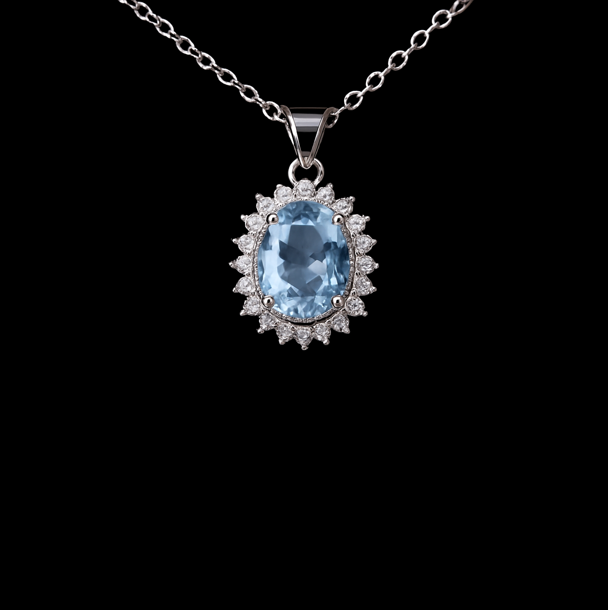 Oval Cut Blue Topaz  Moissanite Halo Pendant Sterling Silver Necklace