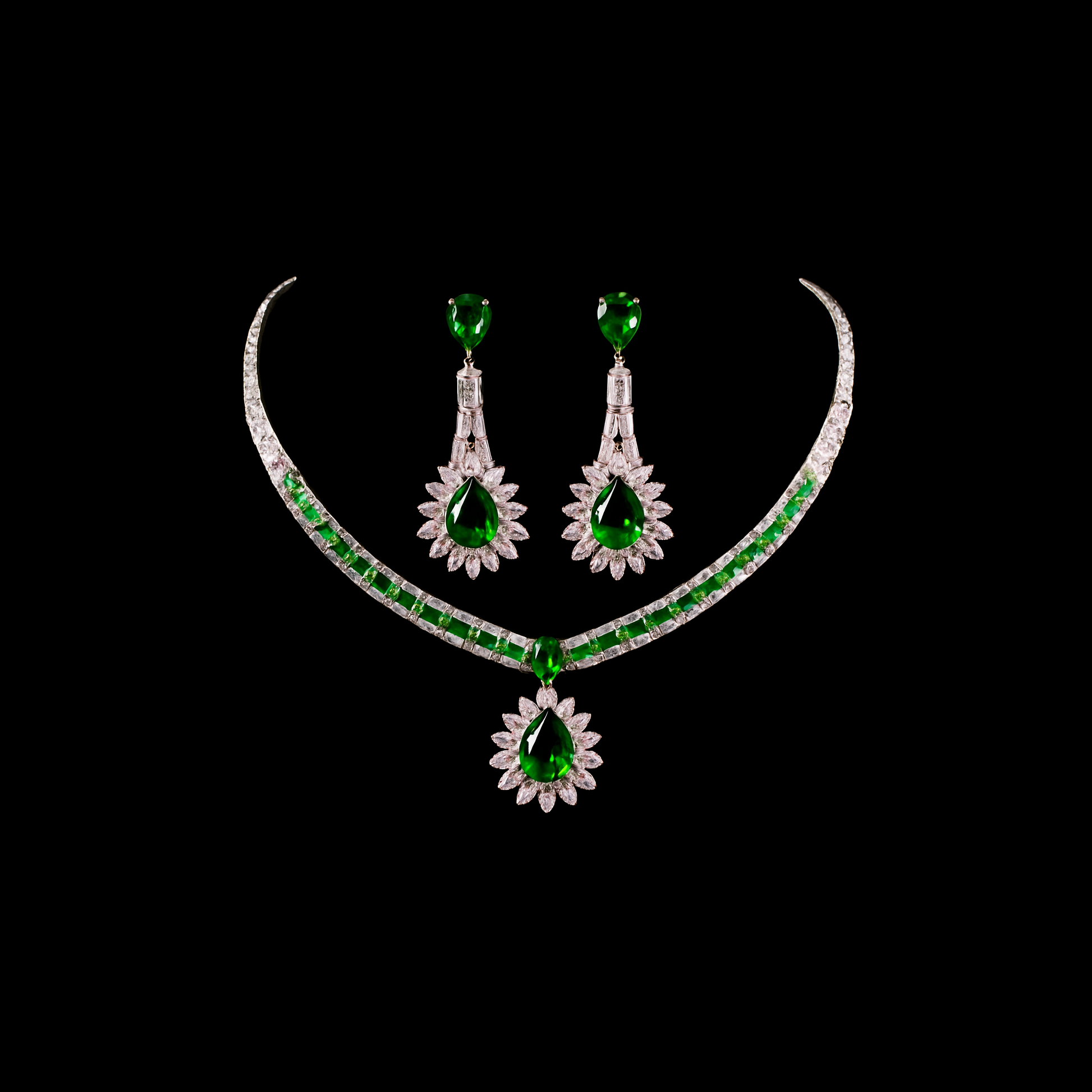 Pear Cut Emerald  and Pink Topaz Baroque Set- Earrings and Necklace