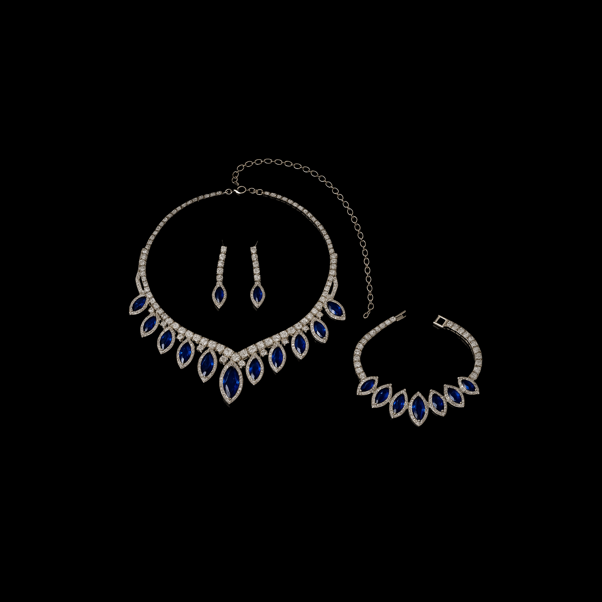 Marquise Cut Sapphire and Diamond Jewellery Set - Necklace Bracelet and Earrings
