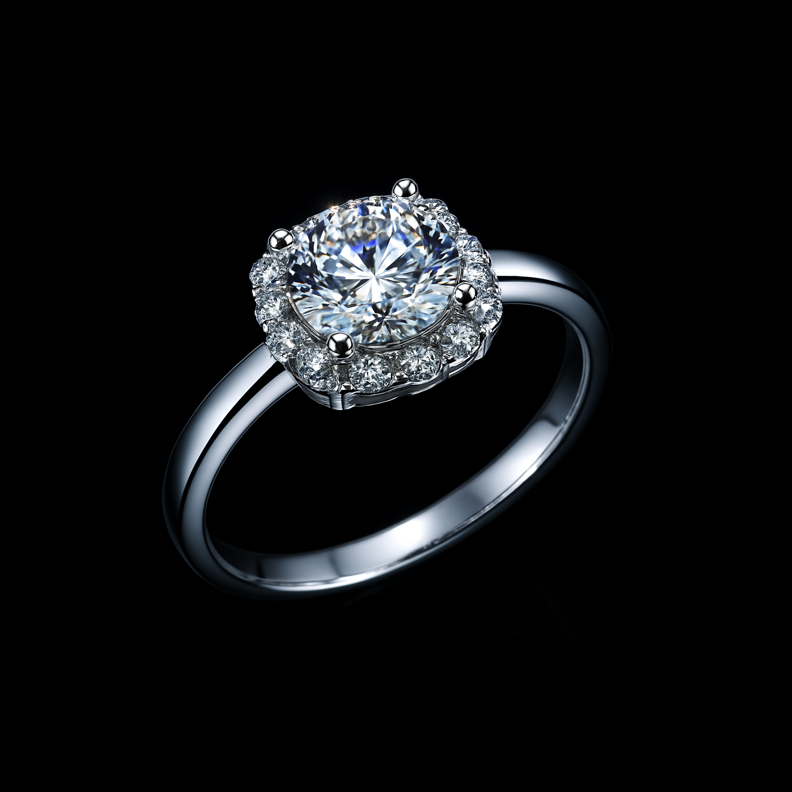 Round Cut Moissanite Diamond Halo Sterling Silver Engagement Ring