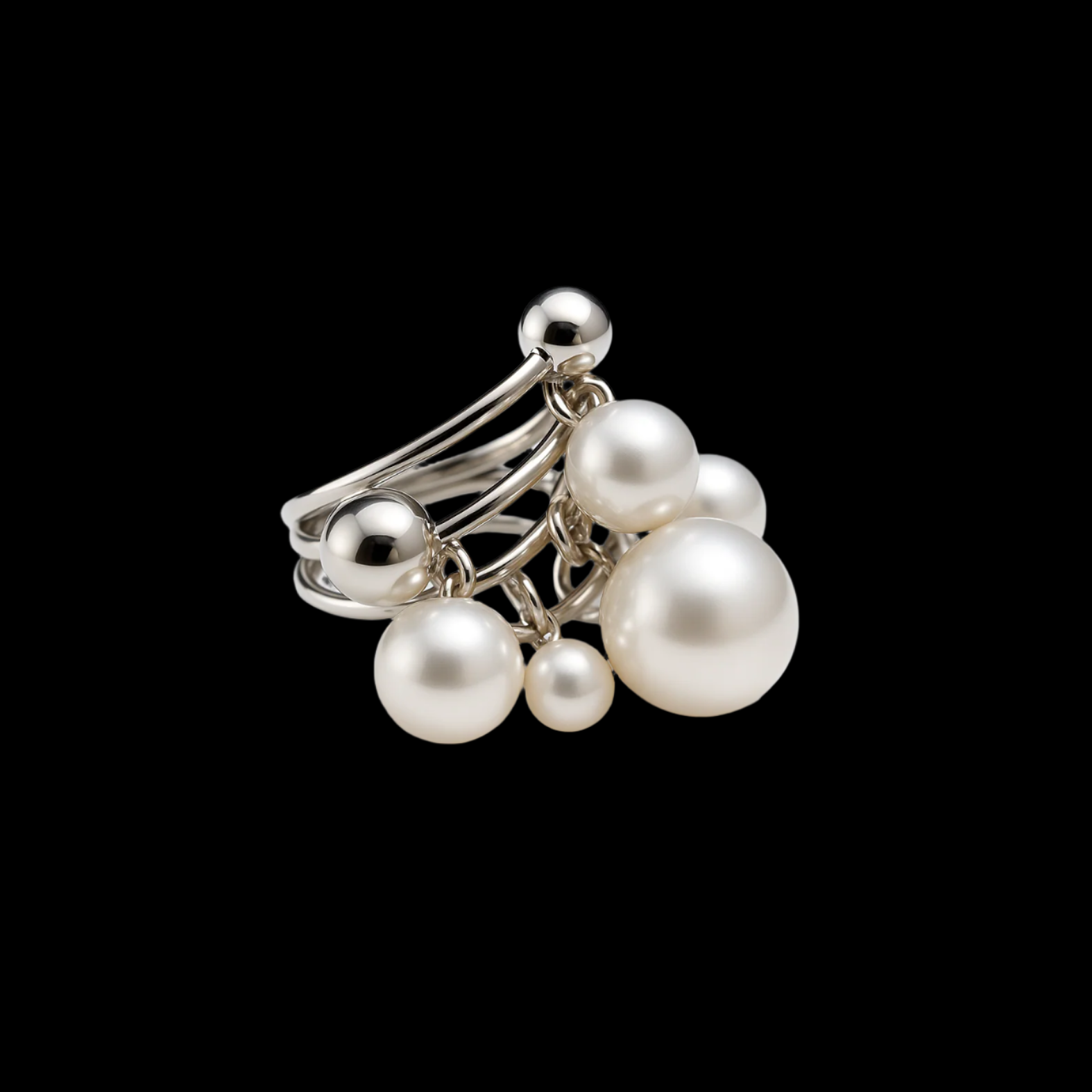 Akoya Saltwater Pearl and Sterling Silver Cluster Cocktail Ring
