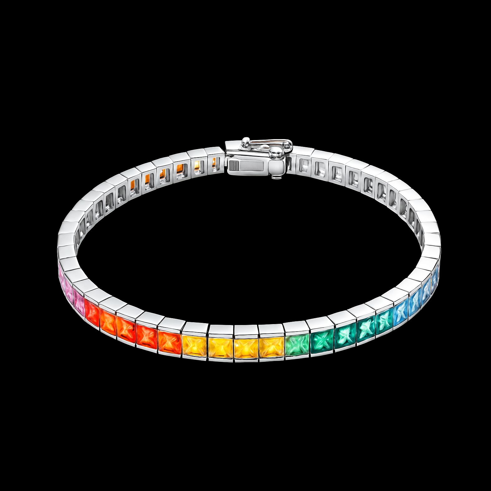 12.5Cts Square Cut Rainbow Gemstone Sterling Silver Tennis Bracelet - Ruby Citrine Emerald Sapphire and Topaz