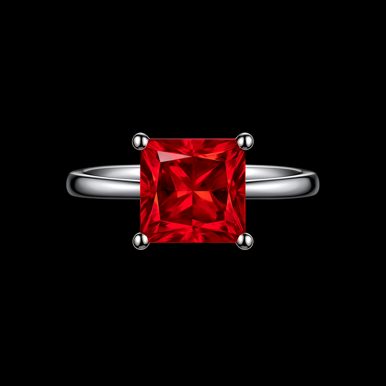 14Ct Square Cut Lab Grown Ruby Solitaire Sterling Silver Ring