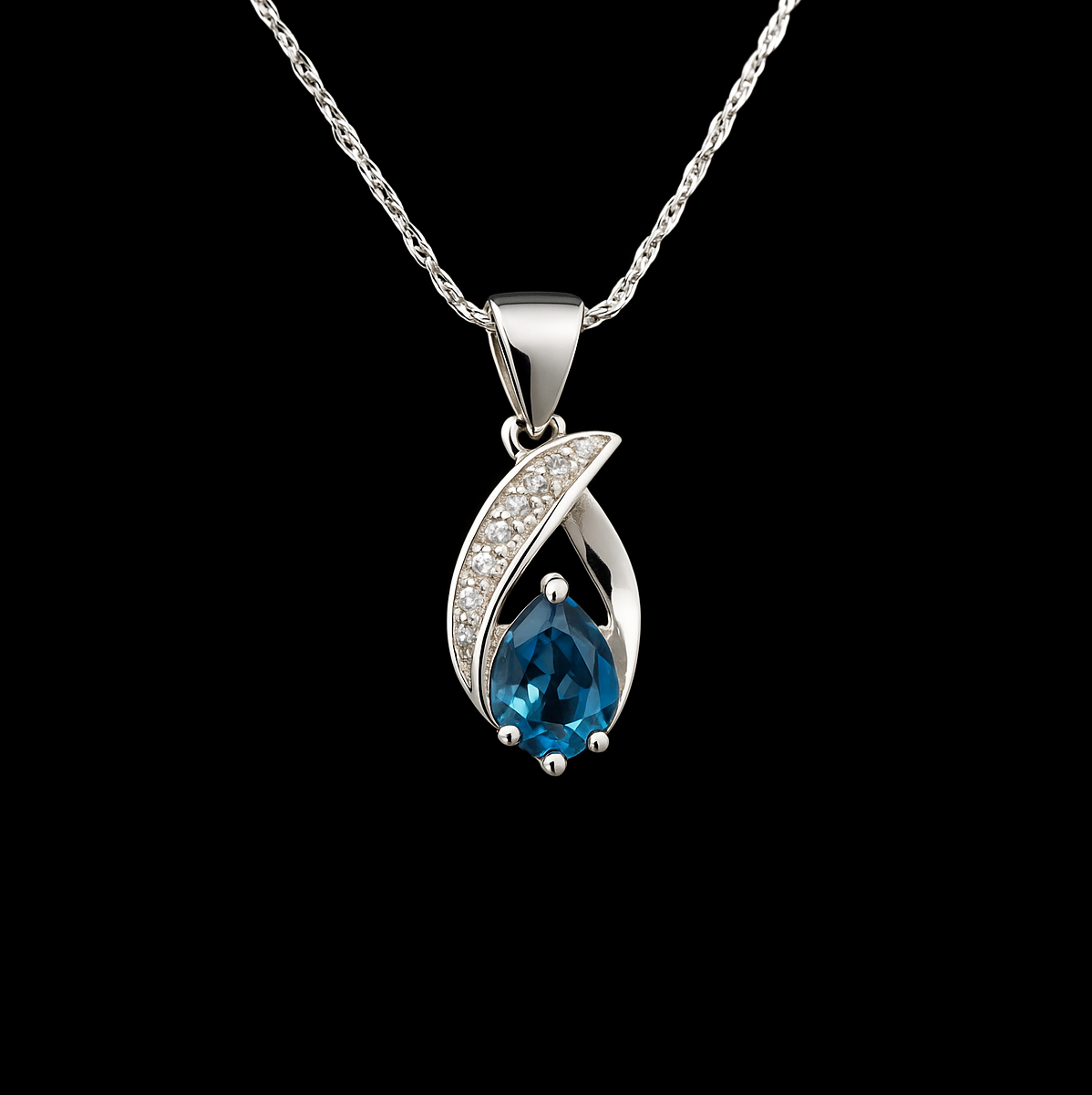Pear Cut Blue  With Moissanite inlay Ribbon Sterling Silver Pendant Necklace