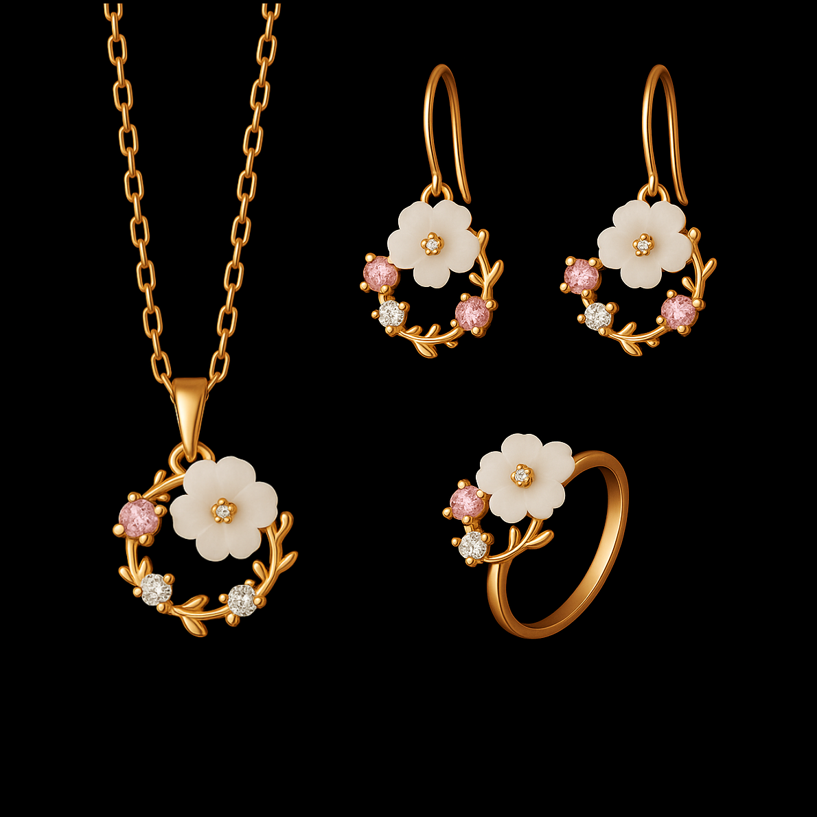 Mother of Pear and Pink Topaz Floral Gold Jewellery Set - Necklace Earrings and Rings