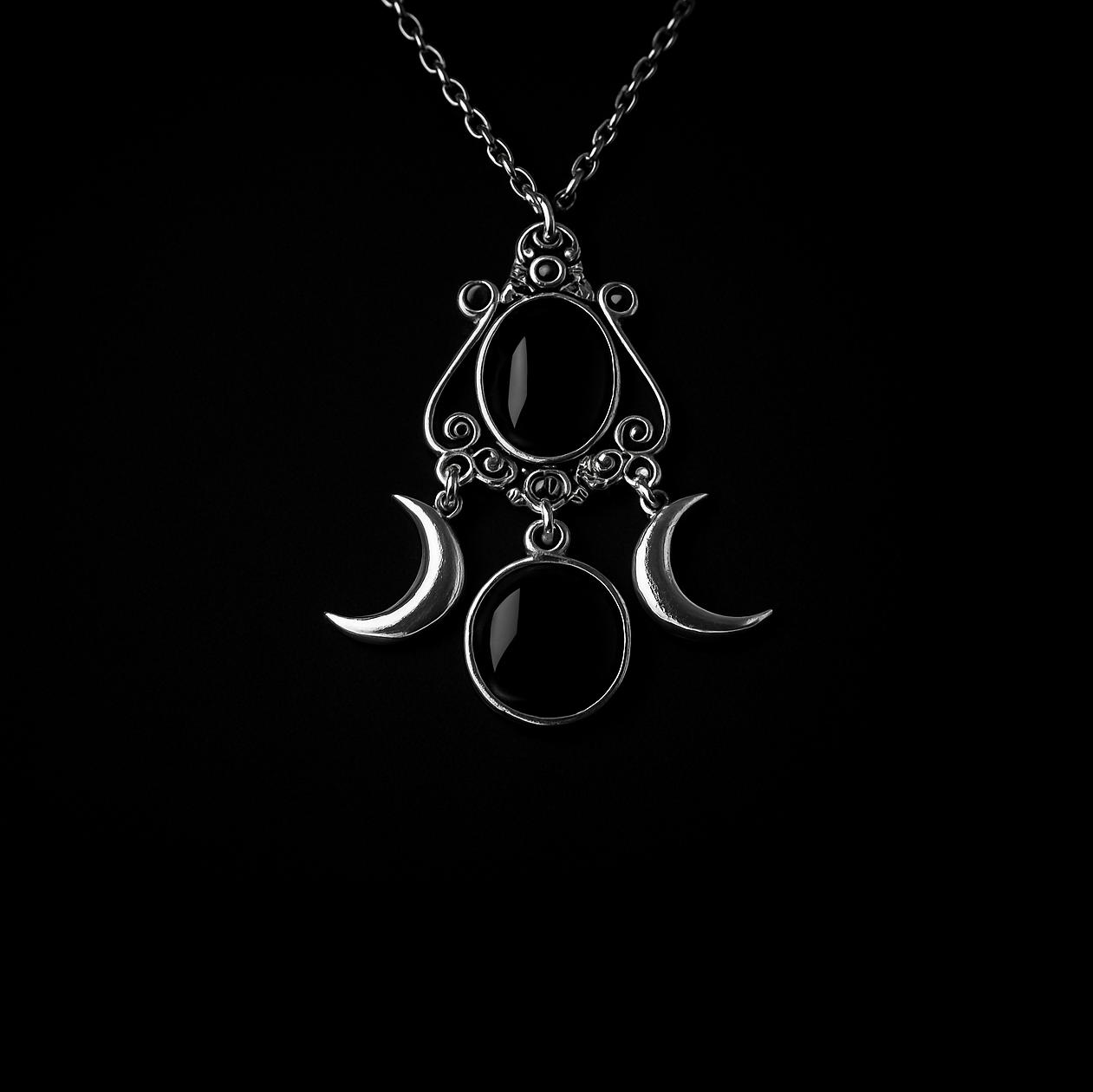Triple Moon Black Silver Pendant Necklace