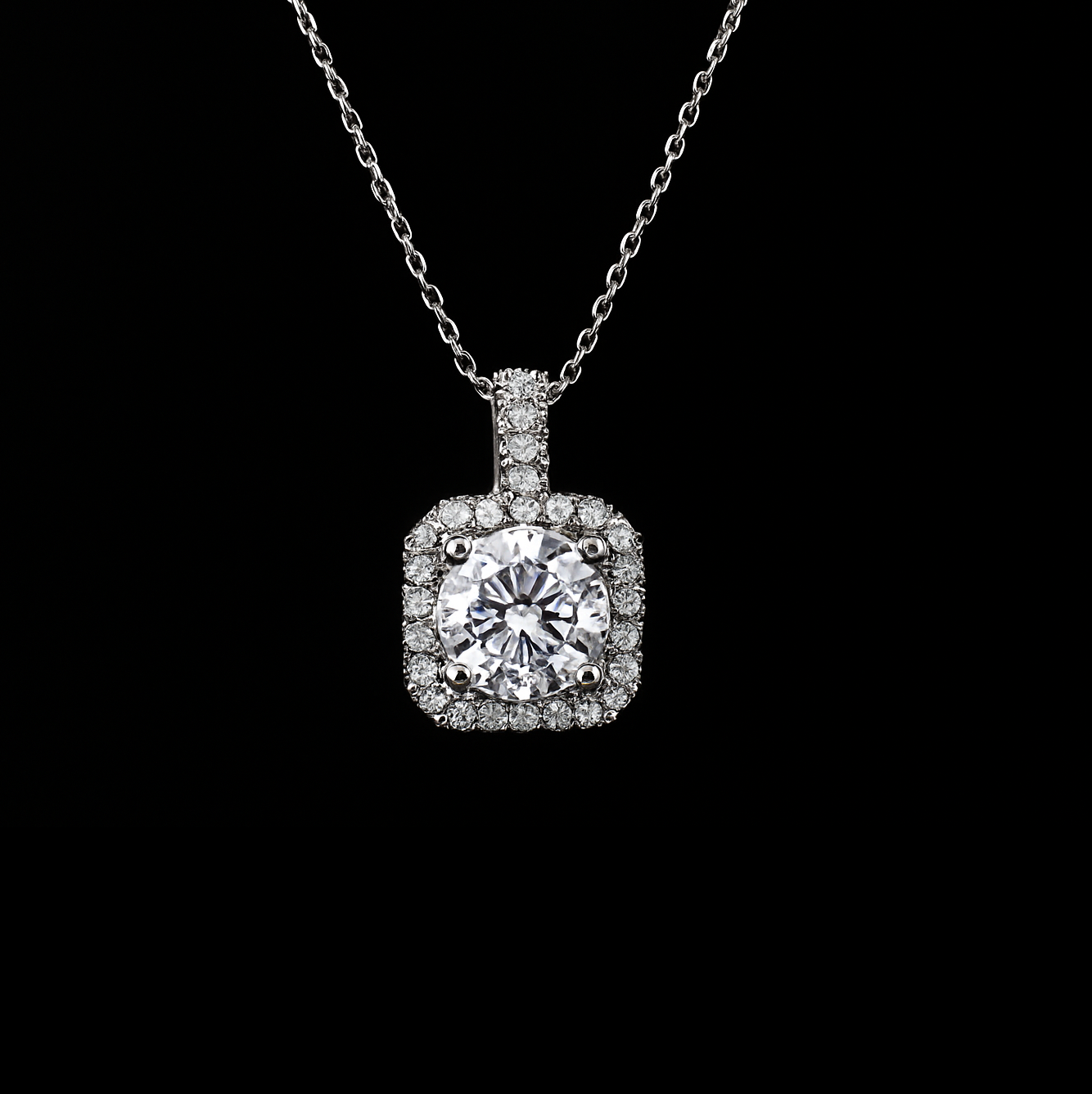 Round Cut Moissanite Octagonal Halo Sterling Silver Necklace