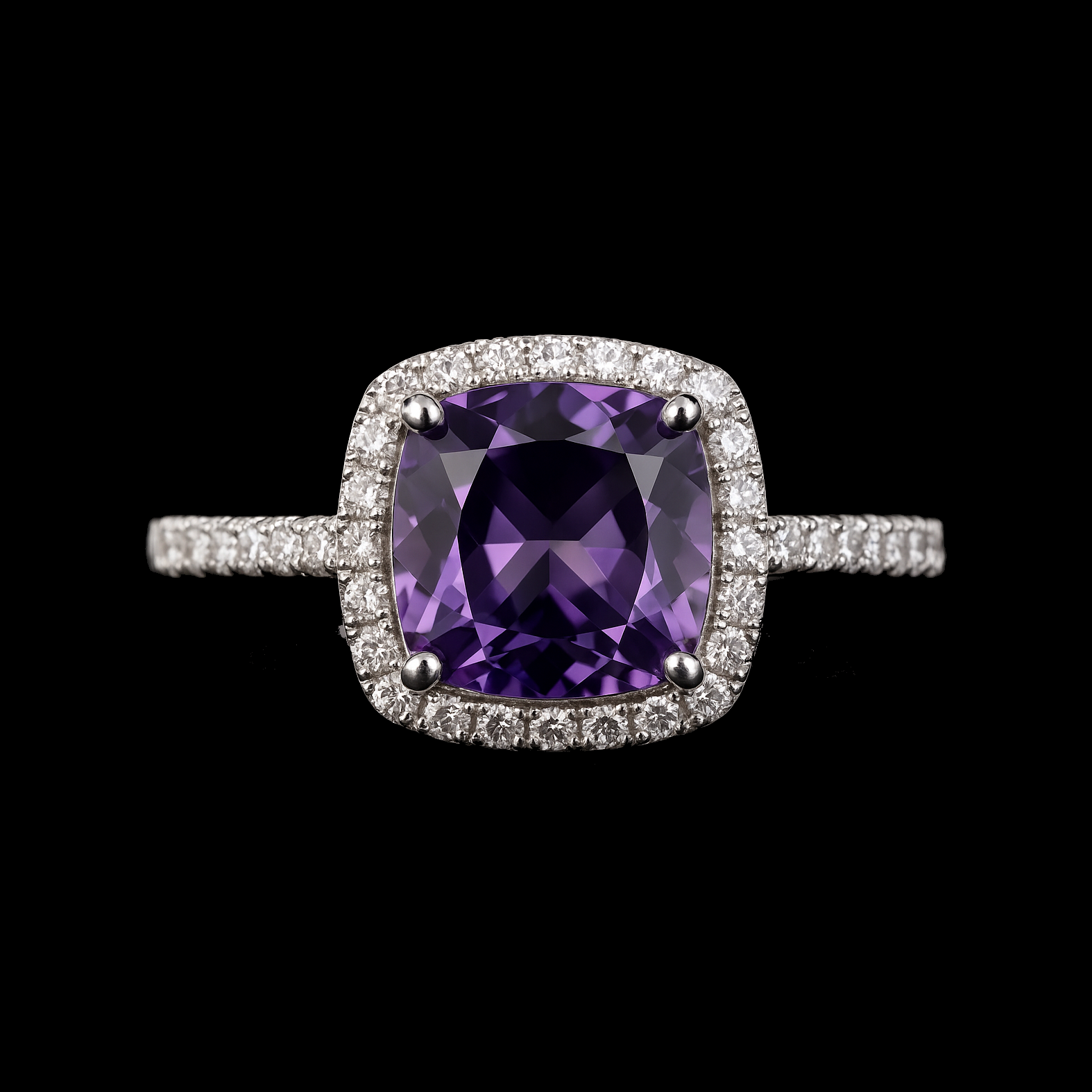 Cushion Cut Amethyst Moissanite Halo and Pave Sterling Silver Ring