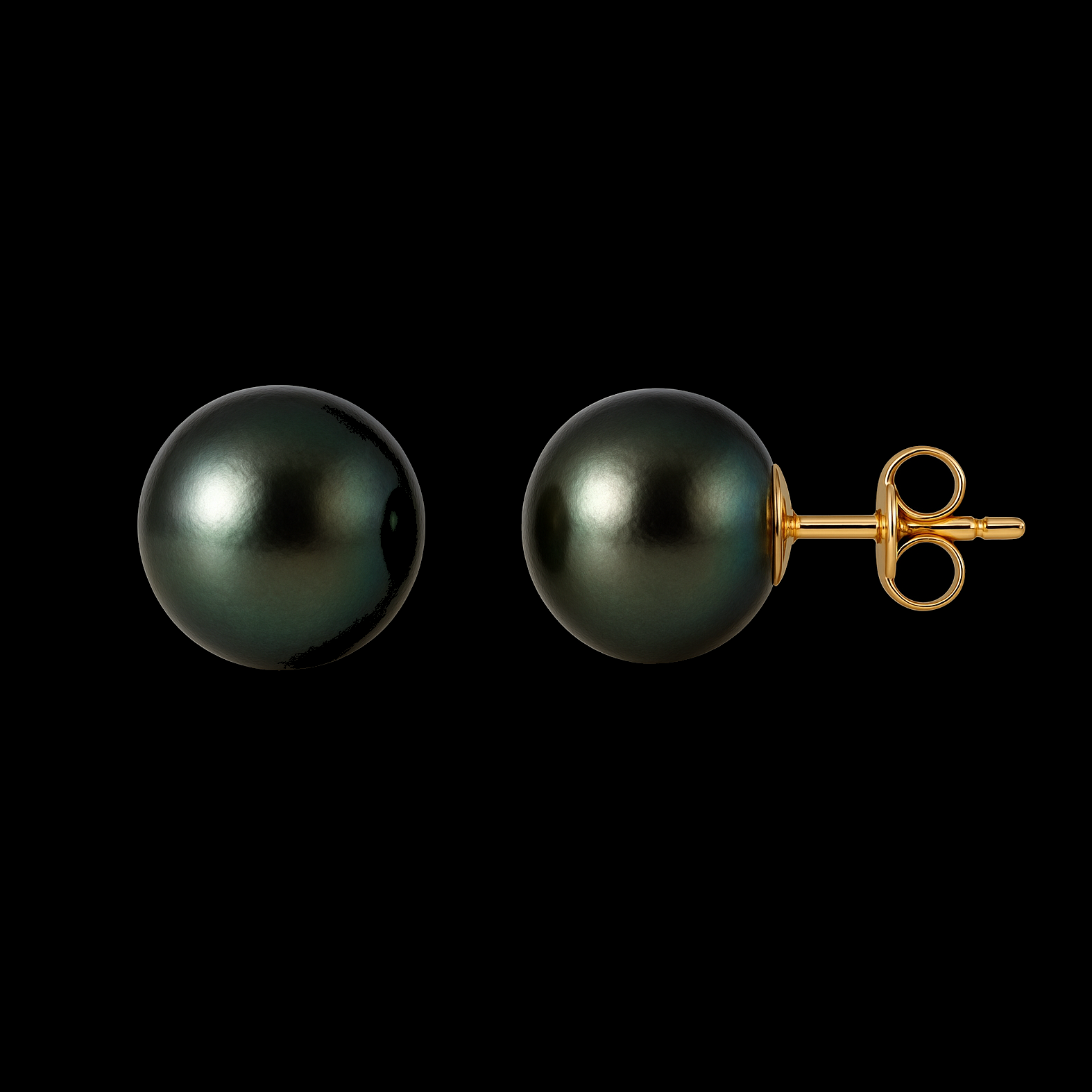 9-10mm Tahitian Black Green Pearl 14k Gold Stud Earrings