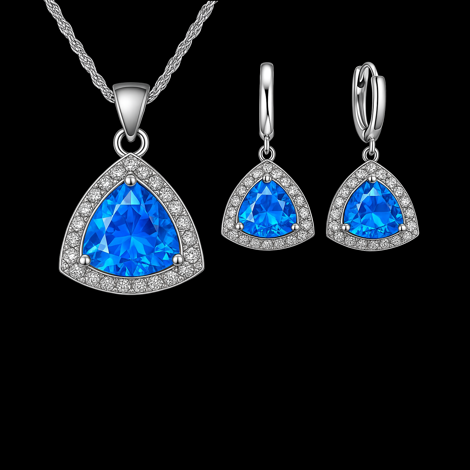 Trillion Cut Blue Gemstone Halo Sterling Silver Jewellery Set- Necklace and Earrings