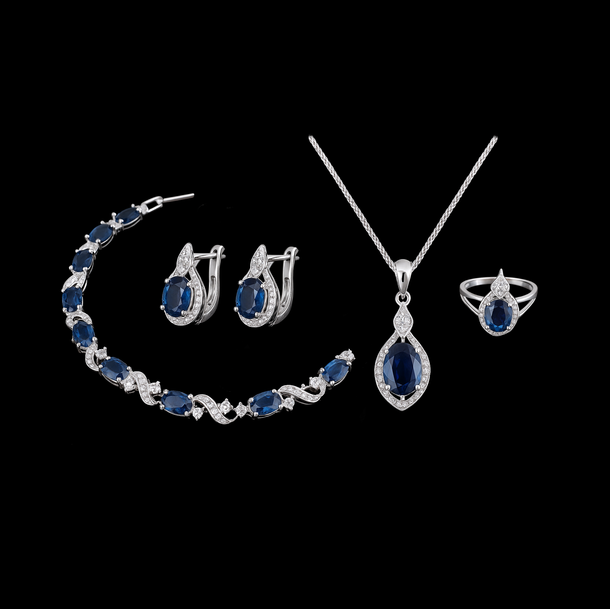 Oval Cut Blue Gemstone Halo Sterling Silver Jewellery Set - Necklace Earrings, Ring and Bracelet Set