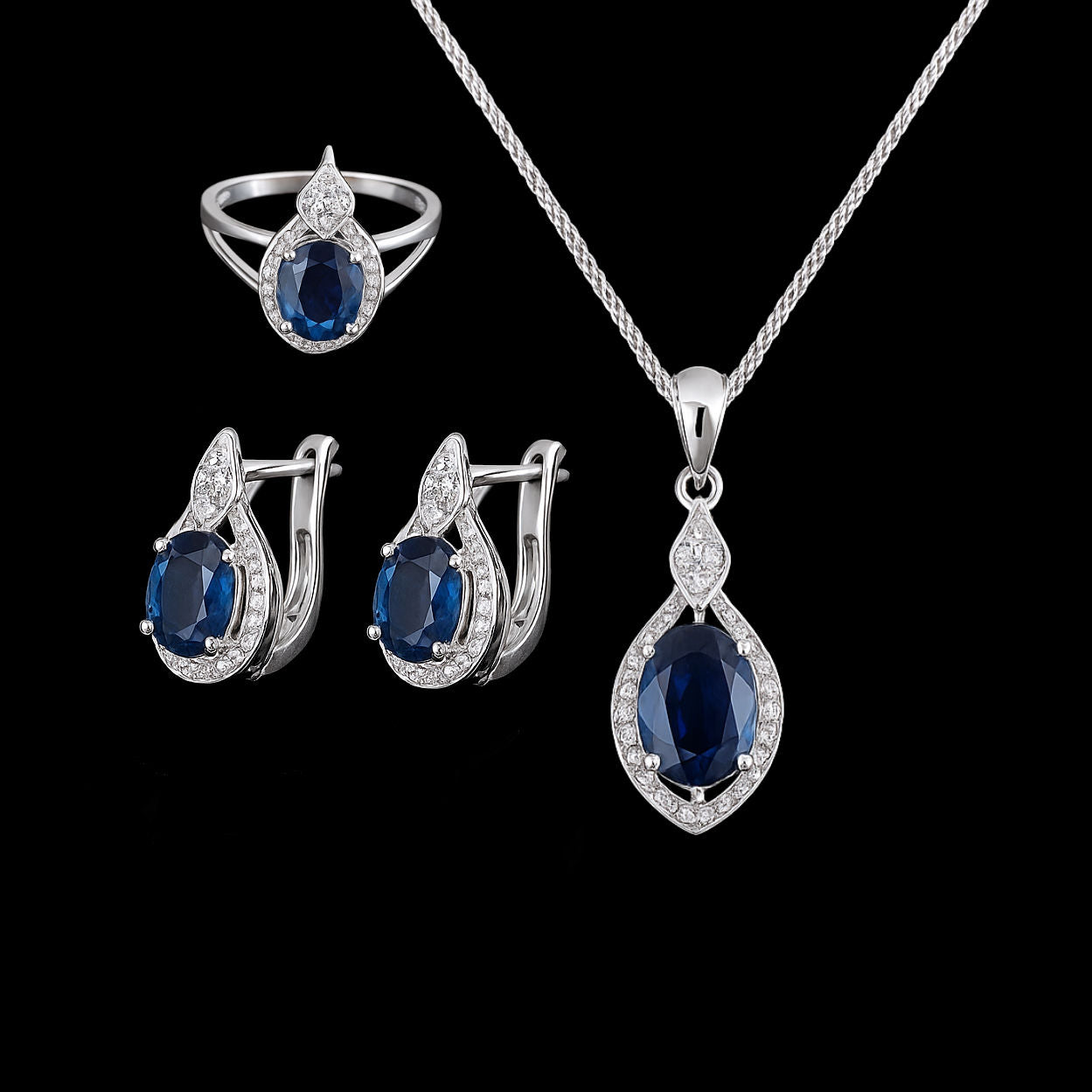 Oval Cut Blue Gemstone Halo Sterling Silver Jewellery Set - Necklace Earrings, Ring
