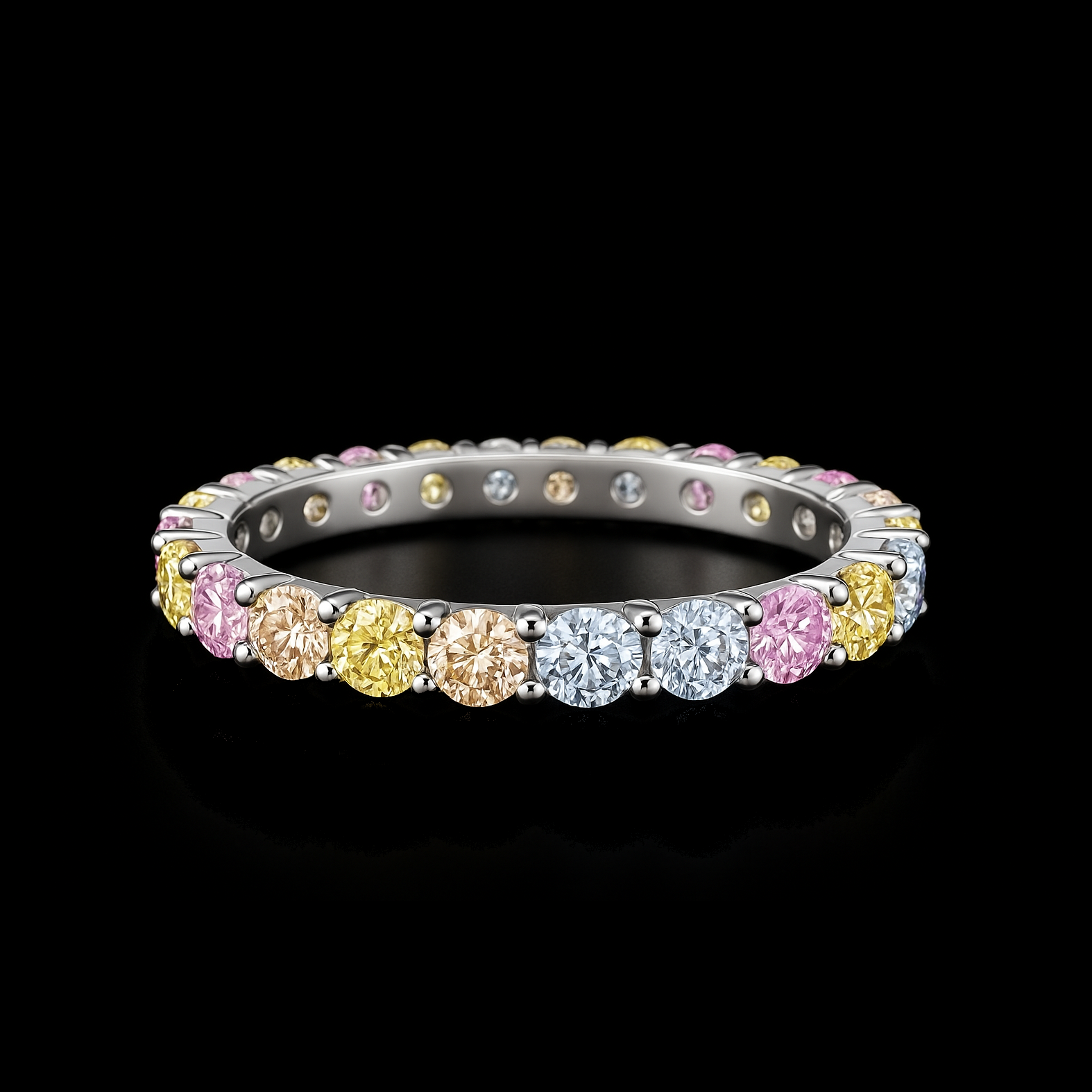 Round Cut Pastel Rainbow Carbon Diamond Sterling Silver Ring