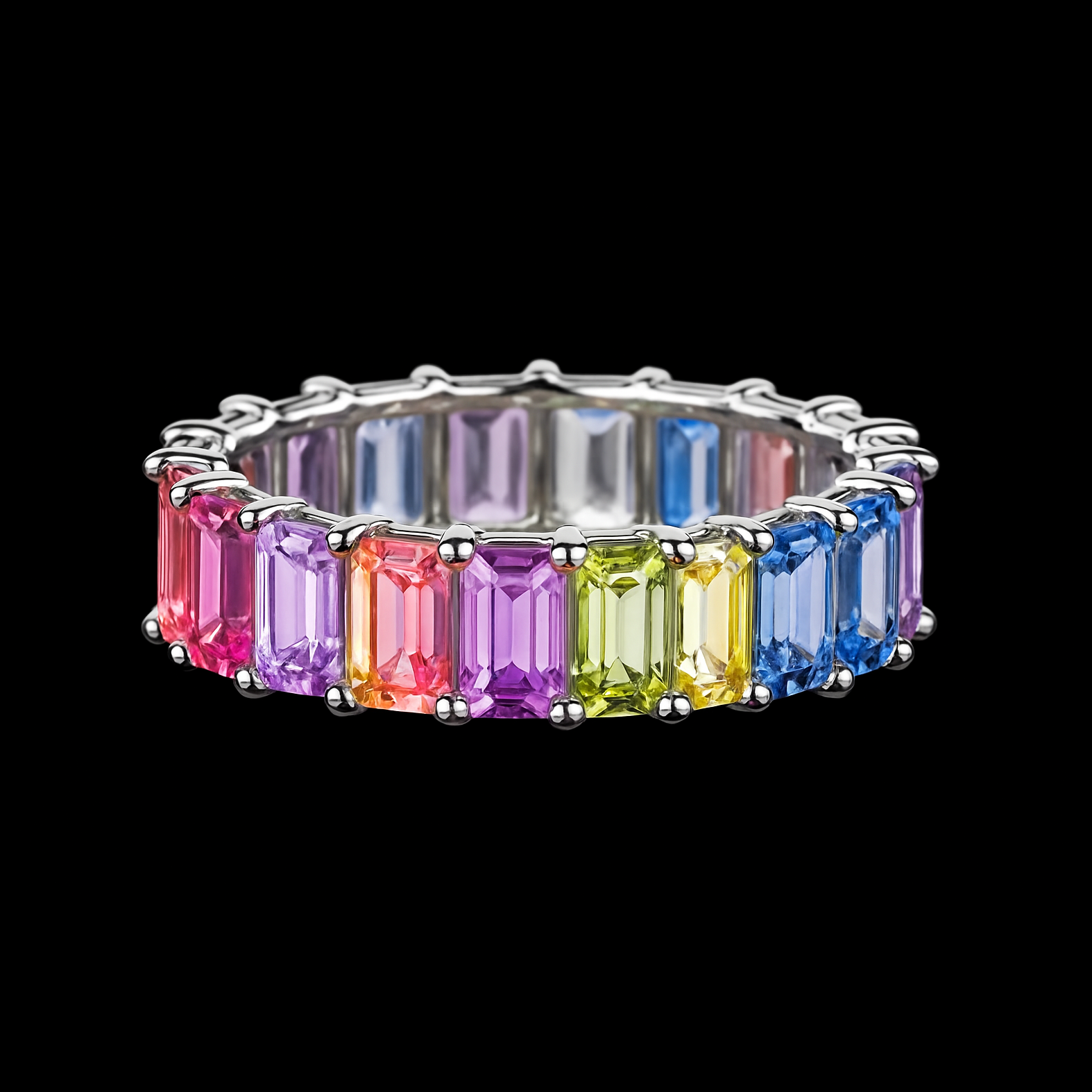 Rectangle Cut Rainbow Carbon Diamond Sterling Silver Ring