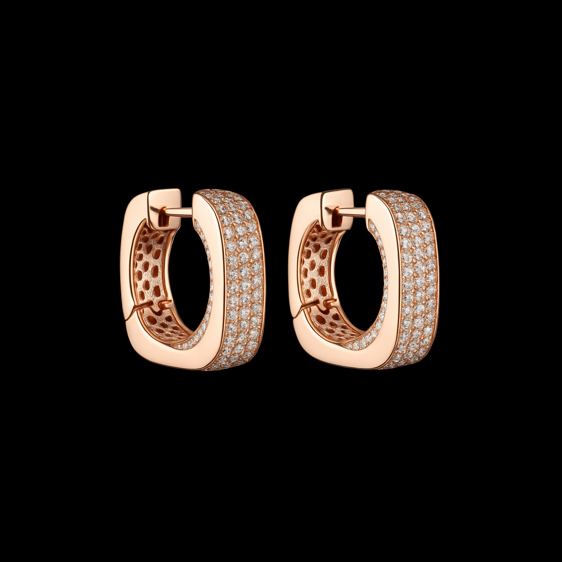 Triple Pave Carbon Diamond Rose Gold Hoop Earrings