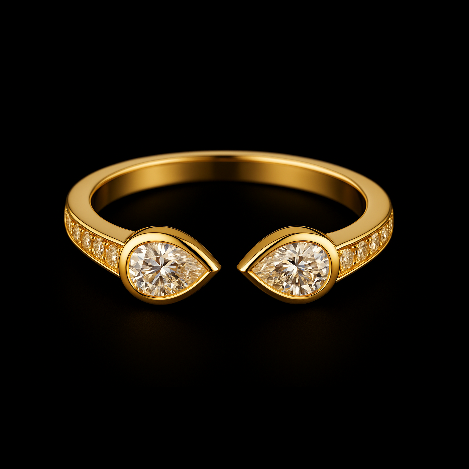 0.5Ct Pear Cut Moissanite Open Band Ring - Yellow Gold Vermeil with Pavé Diamonds