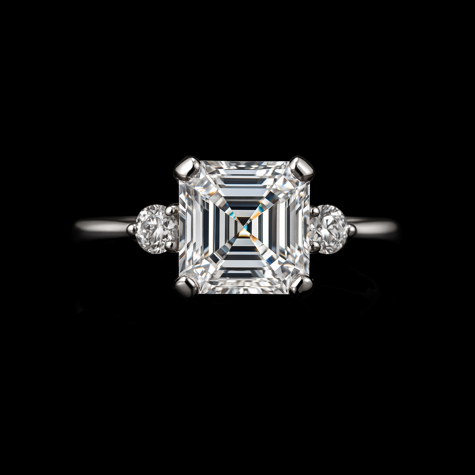 Square Emerald Cut  wiht Round Cut Shoulders Moissanite Diamond Silver Engagement Ring