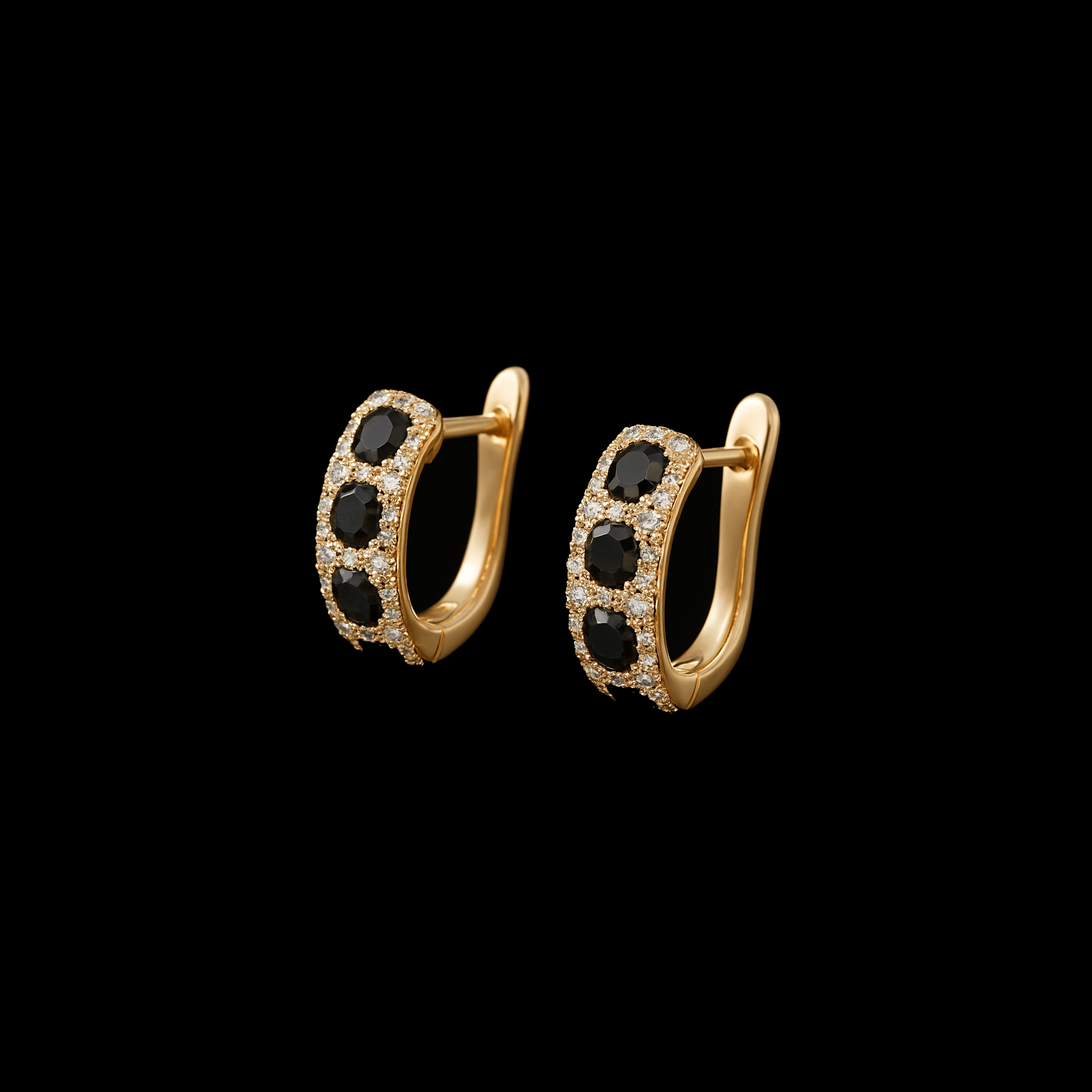 Round Cut Black Onyx and Moissanite 14K Gold Rhodium Earrings