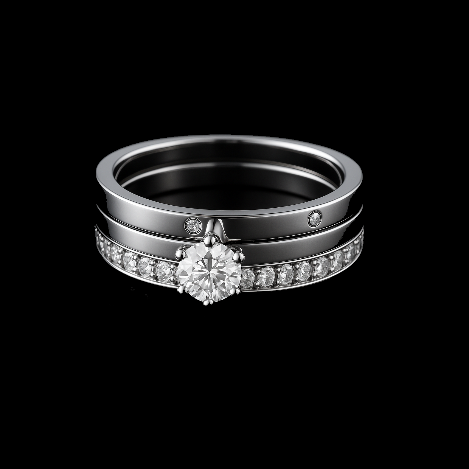 Trilogy White Gold Ring Set - Solitaire Engagement Ring, Wedding Band and Accent Eternity Ring
