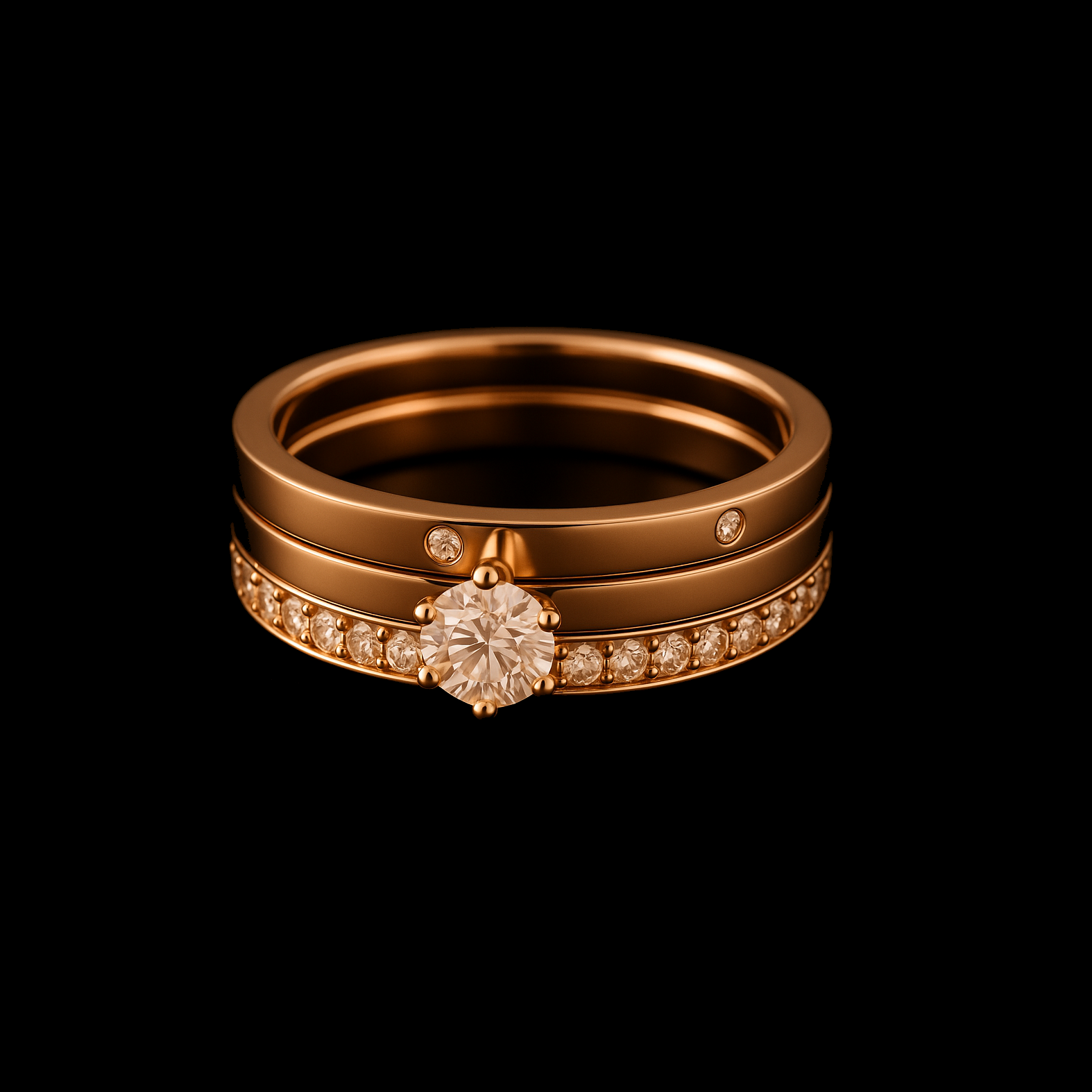 Trilogy Gold Ring Set - Solitaire Engagement Ring, Wedding Band and Accent Eternity Ring