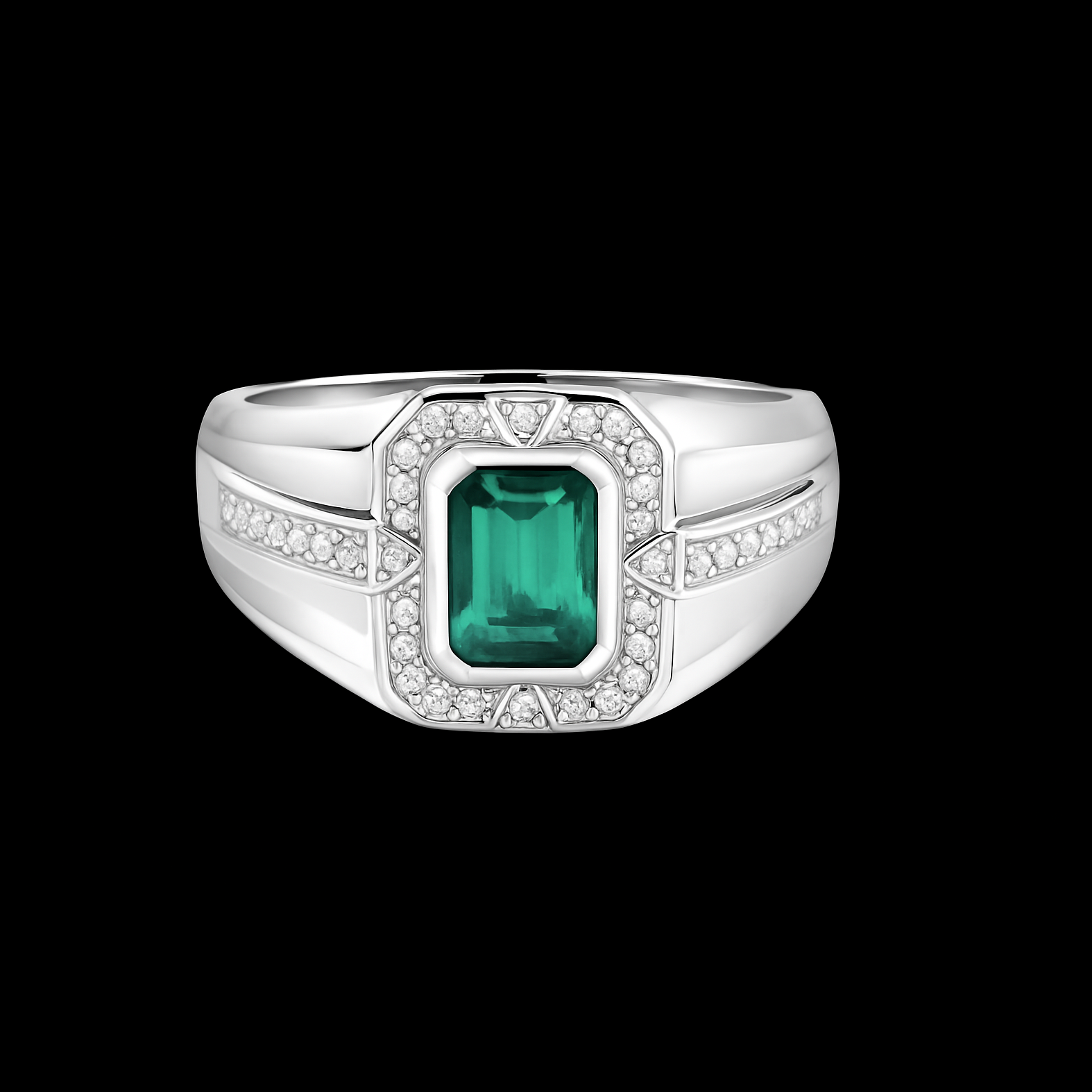 1.5Ct Rectangle Cut Emerald with White Sapphire Ornate Halo and Pave Sterling Silver Mens Ring