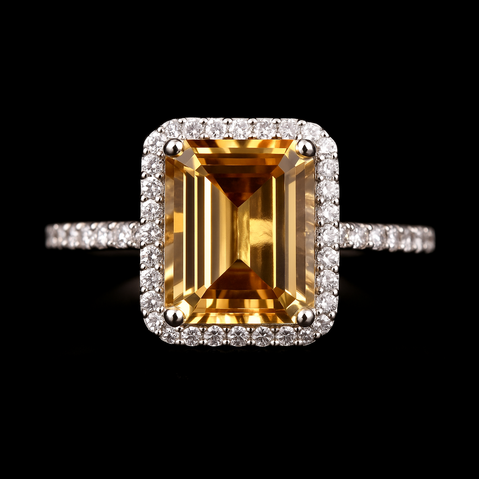 12Ct Yellow Citrine with Diamond Halo and Pave Sterling Silver Ring