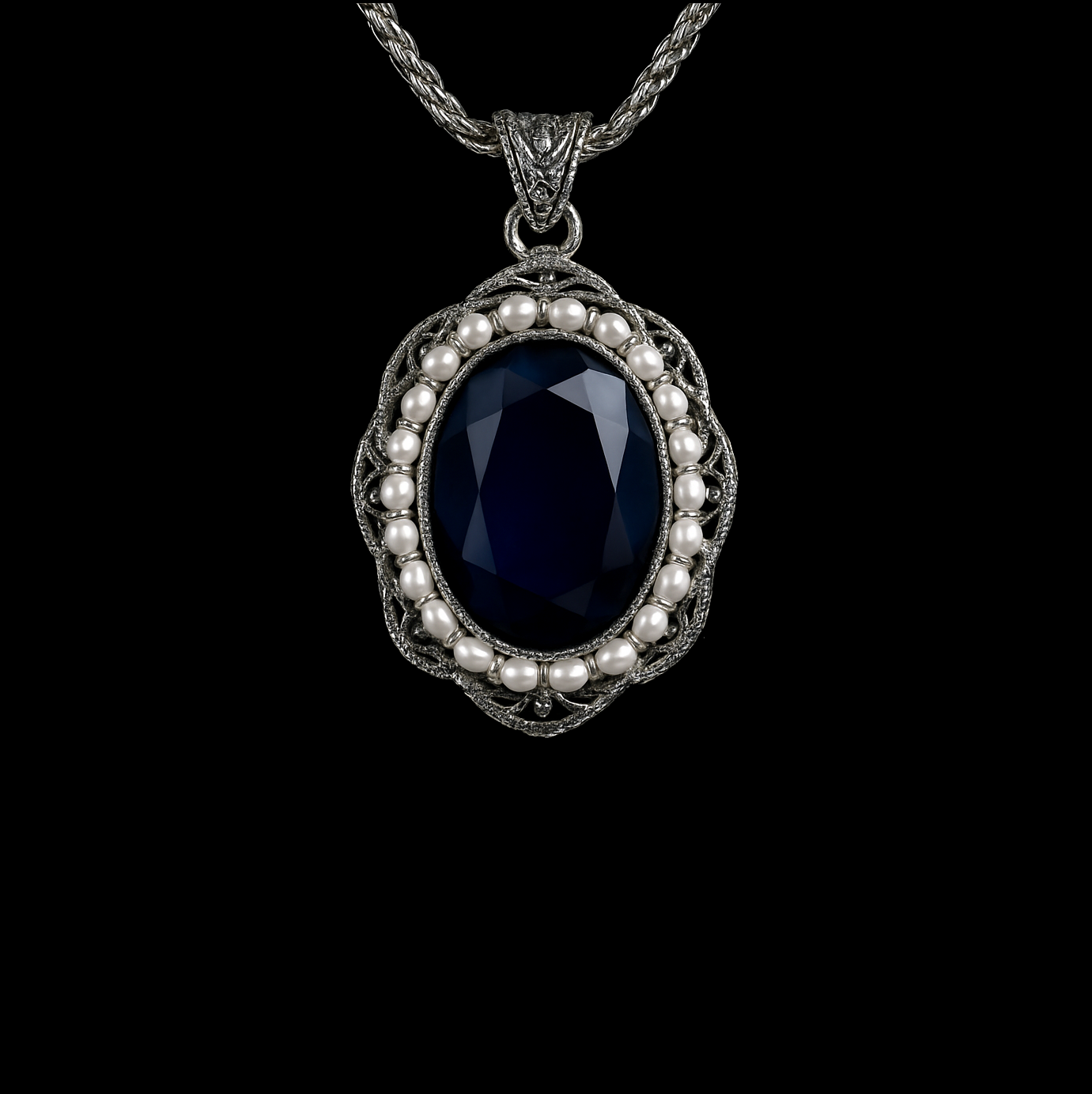 Sapphire Pearl and Sterling Silver Pendant Necklace