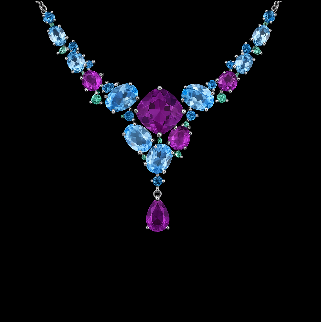 Purple and Blue Cluster Cut Sterling Silver Statement Necklace