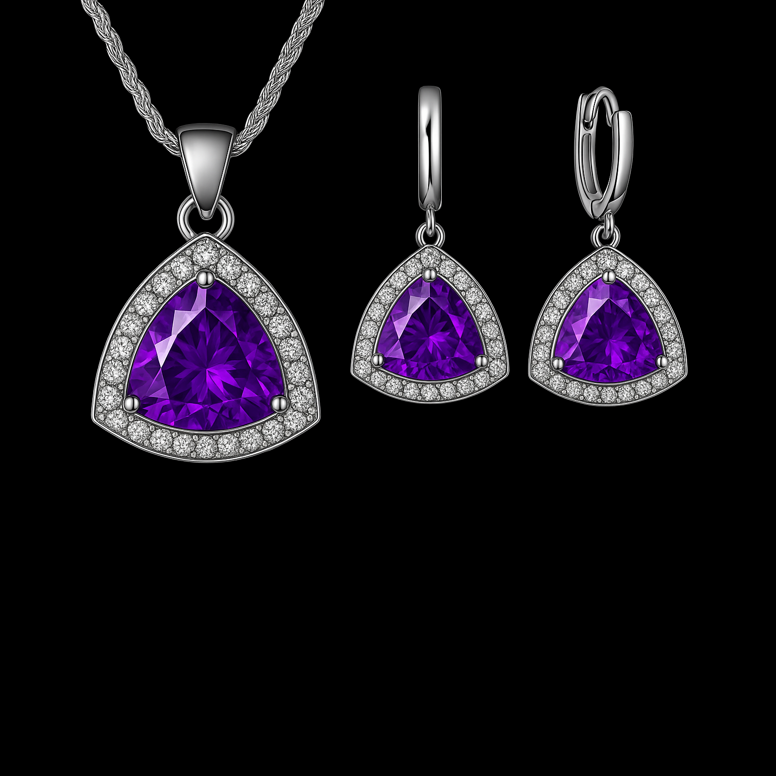Trillion Cut Purple Gemstone Halo Sterling Silver Jewellery Set- Necklace and Earrings